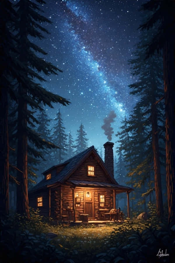 Maaliwalang Gabi na Kubo sa Gubat na Bituin Kalikasan 4K Wallpaper