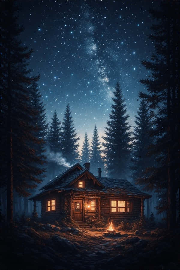 Maaliwalang Gabi na Kubo sa Gubat na Bituin Kalikasan 4K Wallpaper