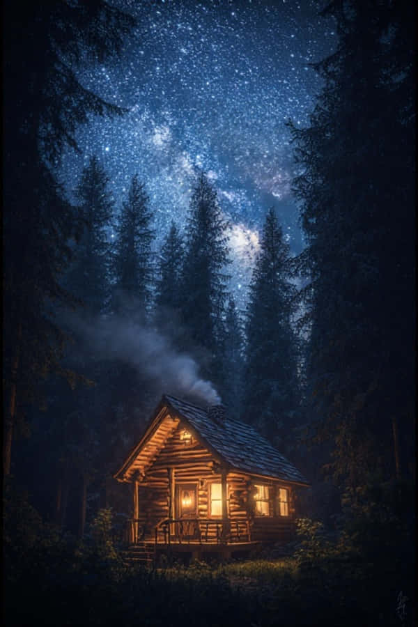 Maaliwalas na Kubo sa Gabi sa Kagubatan na may Bituing Kalangitan 4K Wallpaper