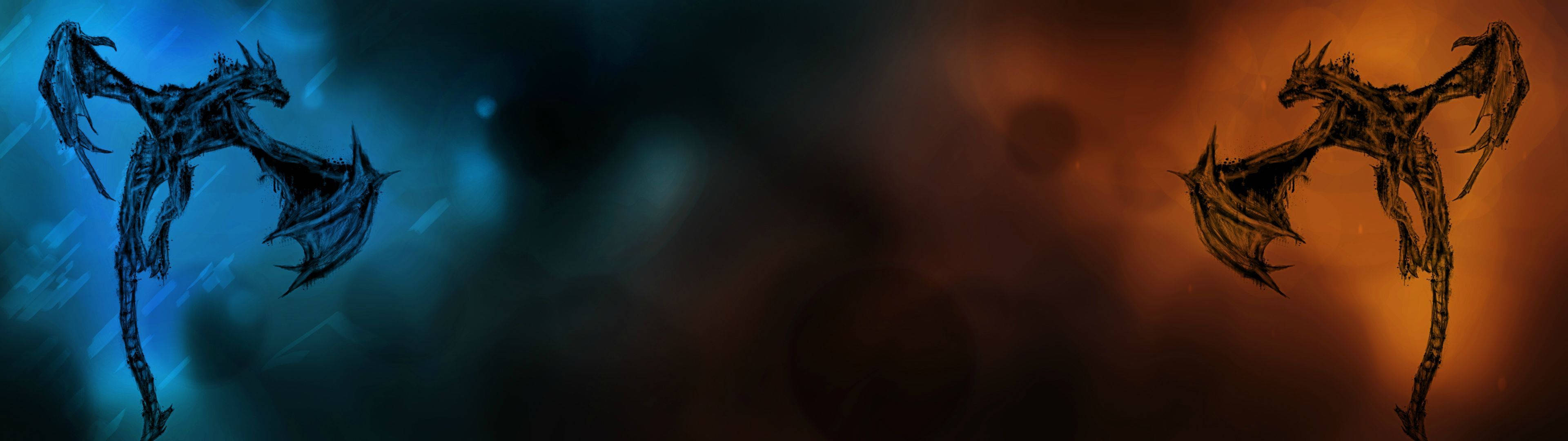 Mabangis na Dragon sa Itaas ng Kagubatan - Dual Monitor Wallpaper