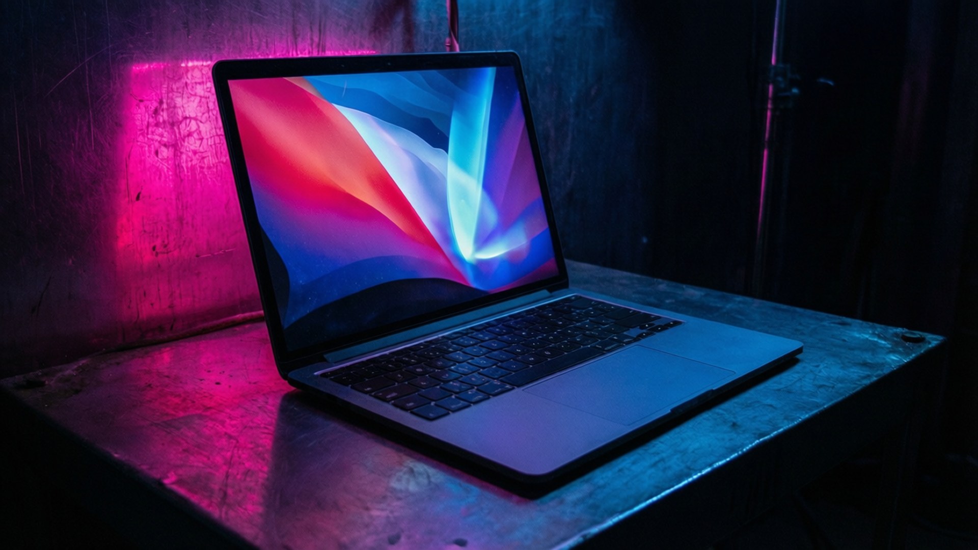 MacBook na may Neon Glow Wallpaper