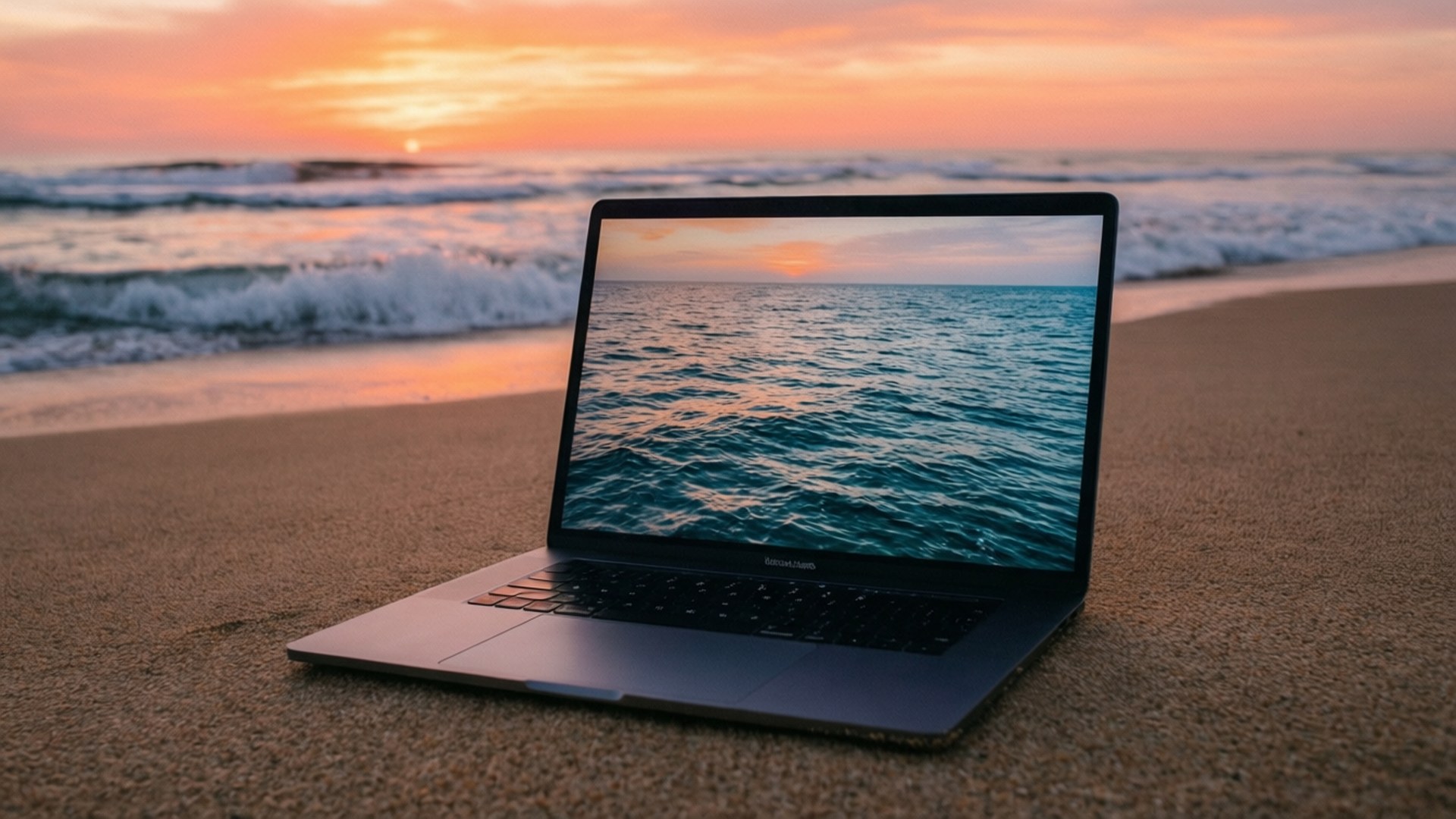MacBook sa Dalampasig ng Paglubog Wallpaper
