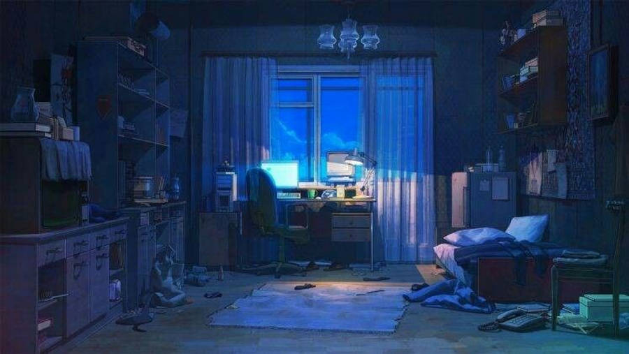 Madilim na Anime na Kwarto na May Bukas na Laptop Wallpaper