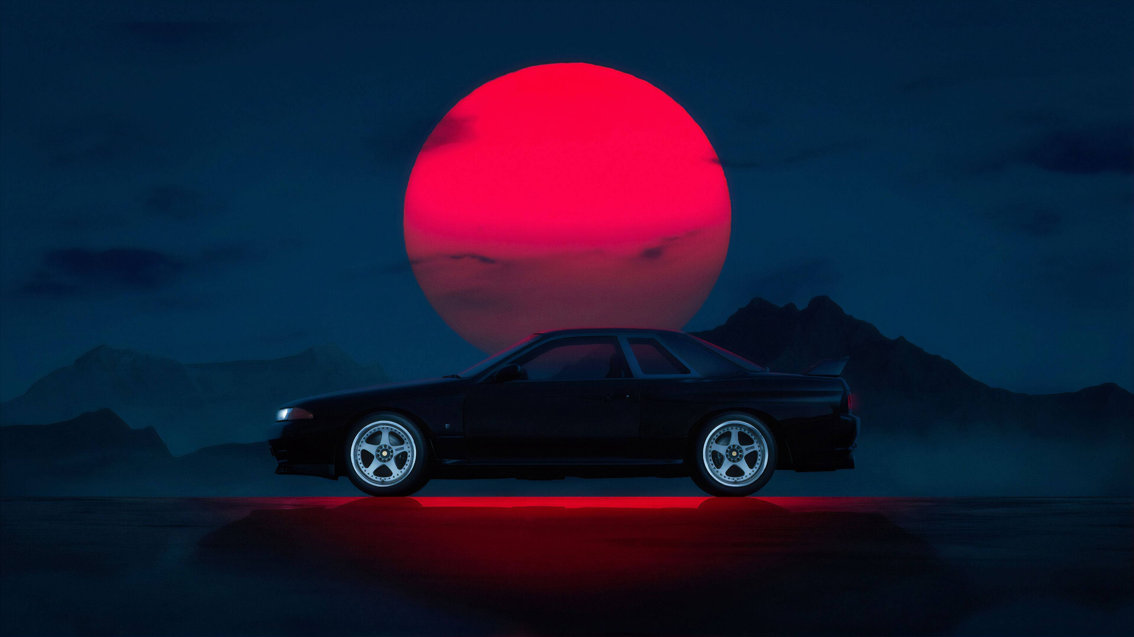 Madilim na JDM na Kotse na may Pulang Araw Wallpaper