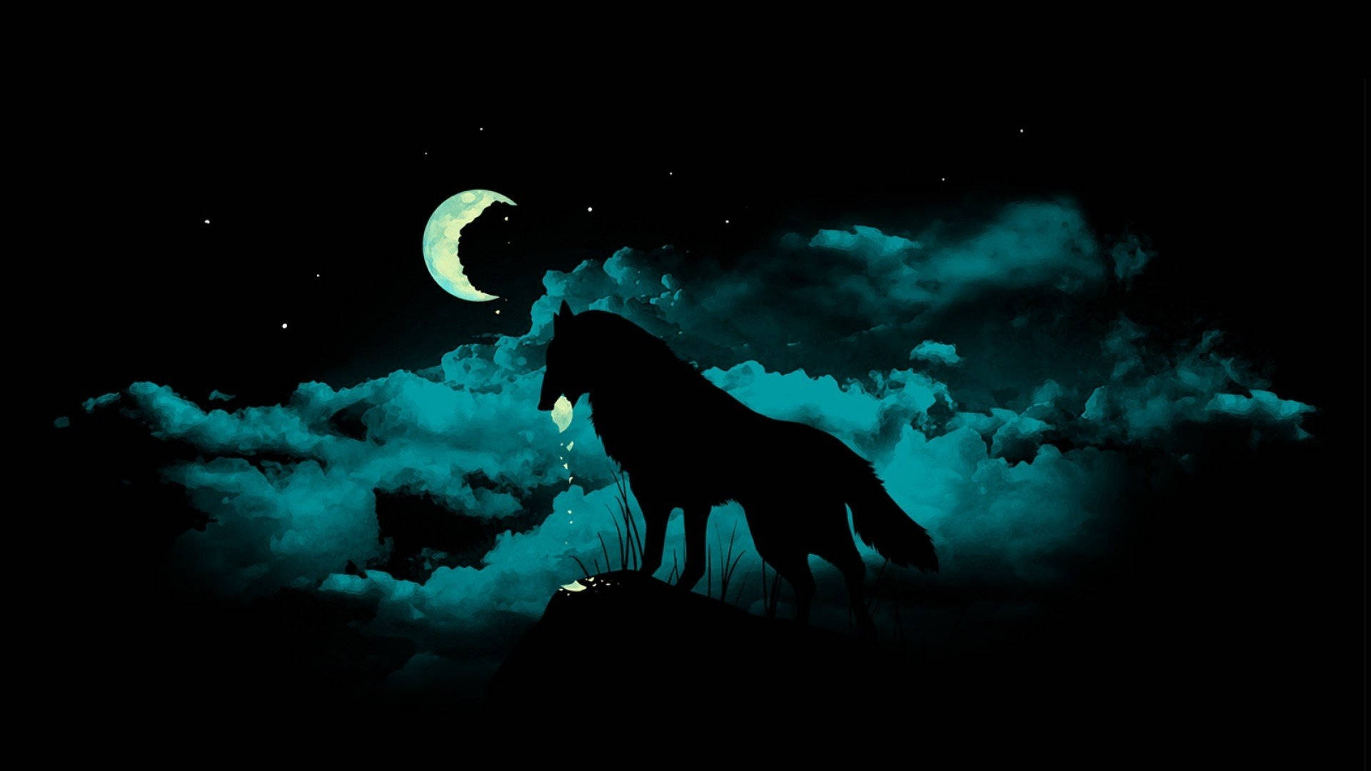 Madilim na Laptop na may Nakabibighaning Wallpaper ng Lobo sa Gabi Wallpaper