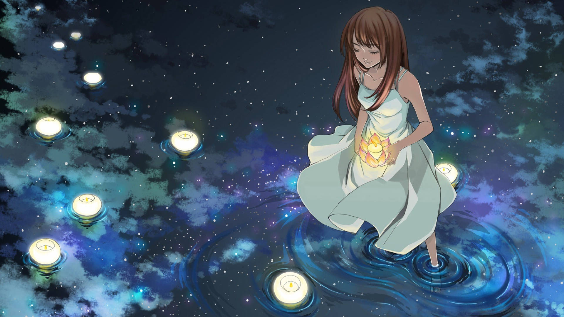 Magandang Anime na Babae sa Lawa Wallpaper
