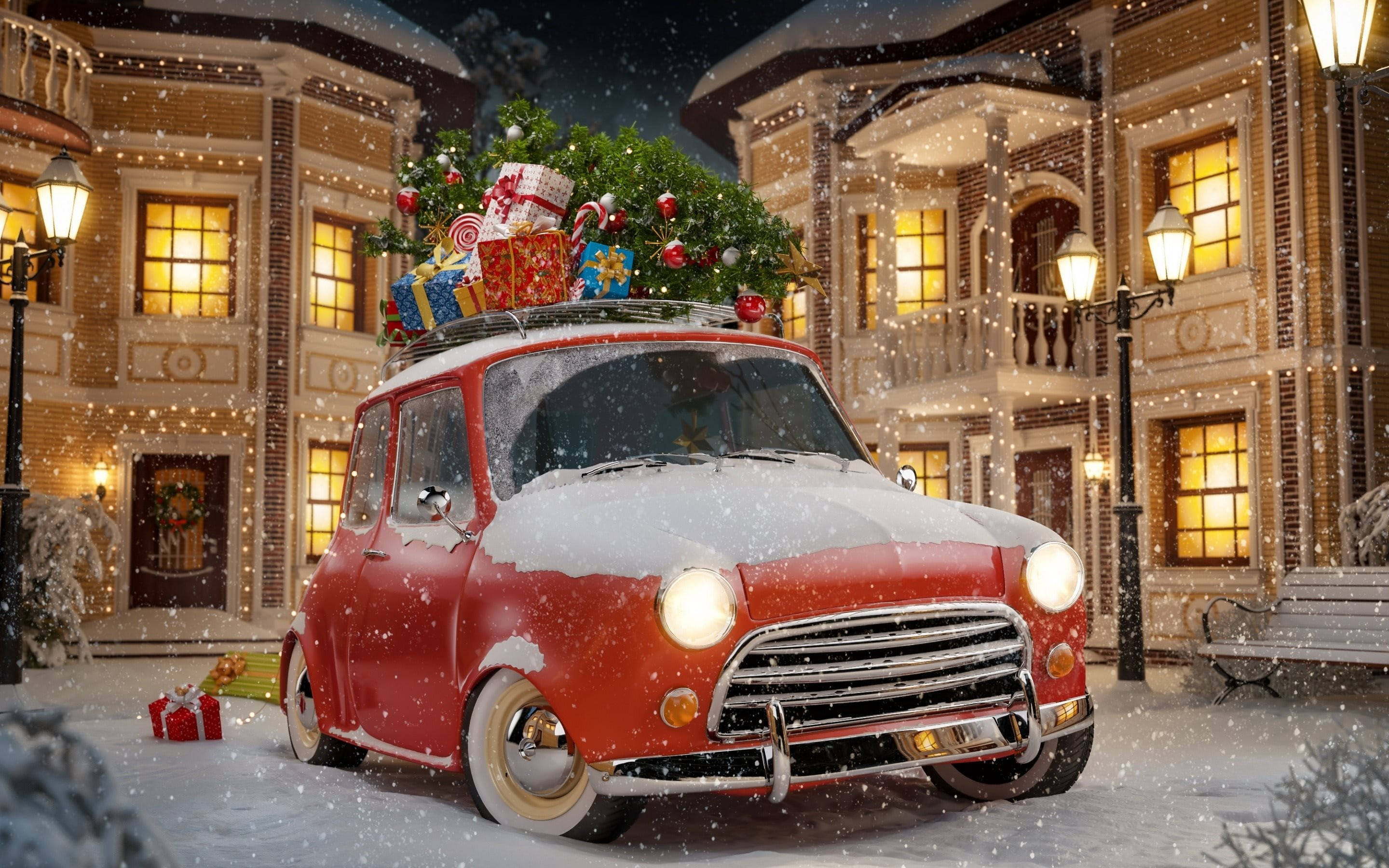 Magandang Sasakyan Pasko na May Niyebe Wallpaper