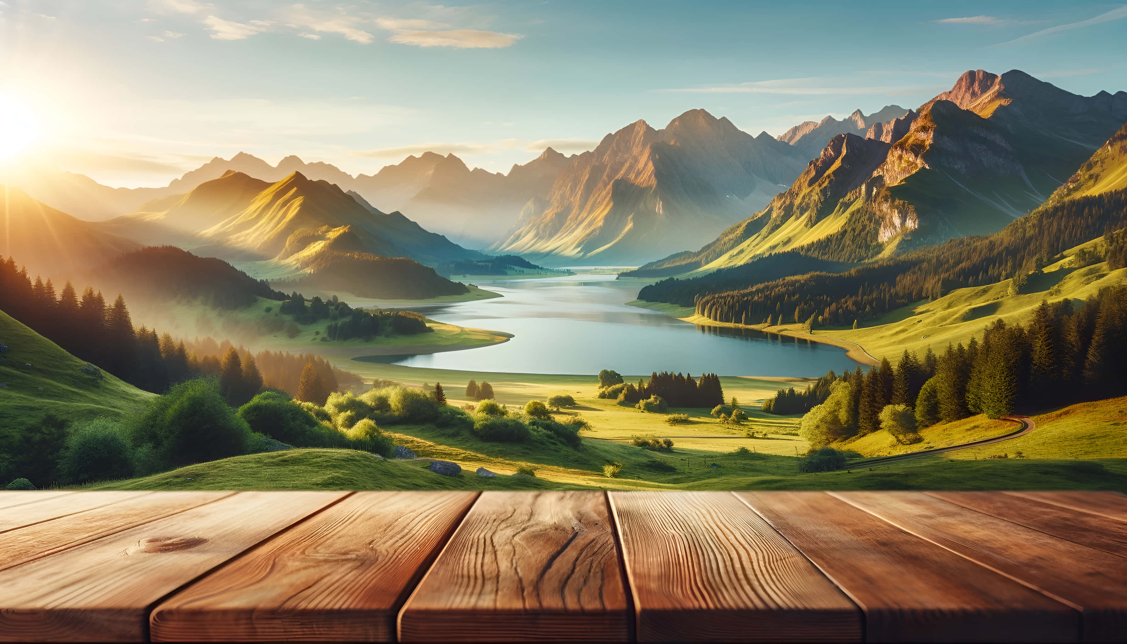 Magandang Tanawin Maaraw na Araw na may mga Bundok at Puno Wallpaper