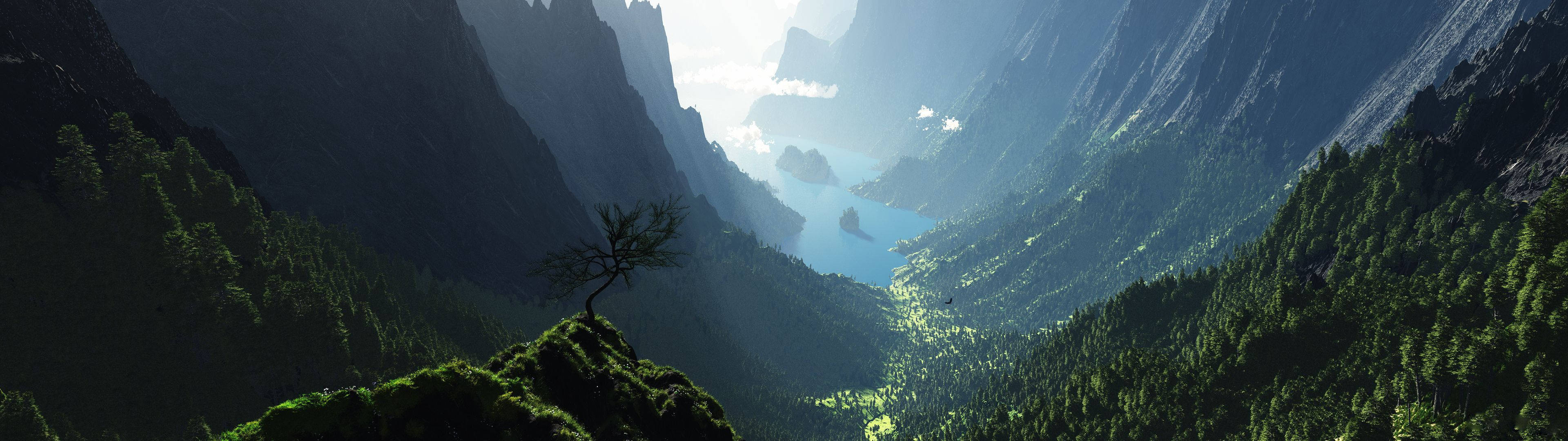 Magandang Tanawin ng Lambak ng Bundok Mula sa Dalawang Screen Wallpaper