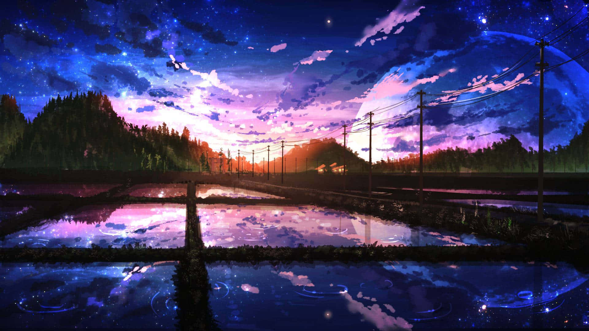 Magandang Tanawin ng Anime na Lila na Langit sa Bukid Wallpaper