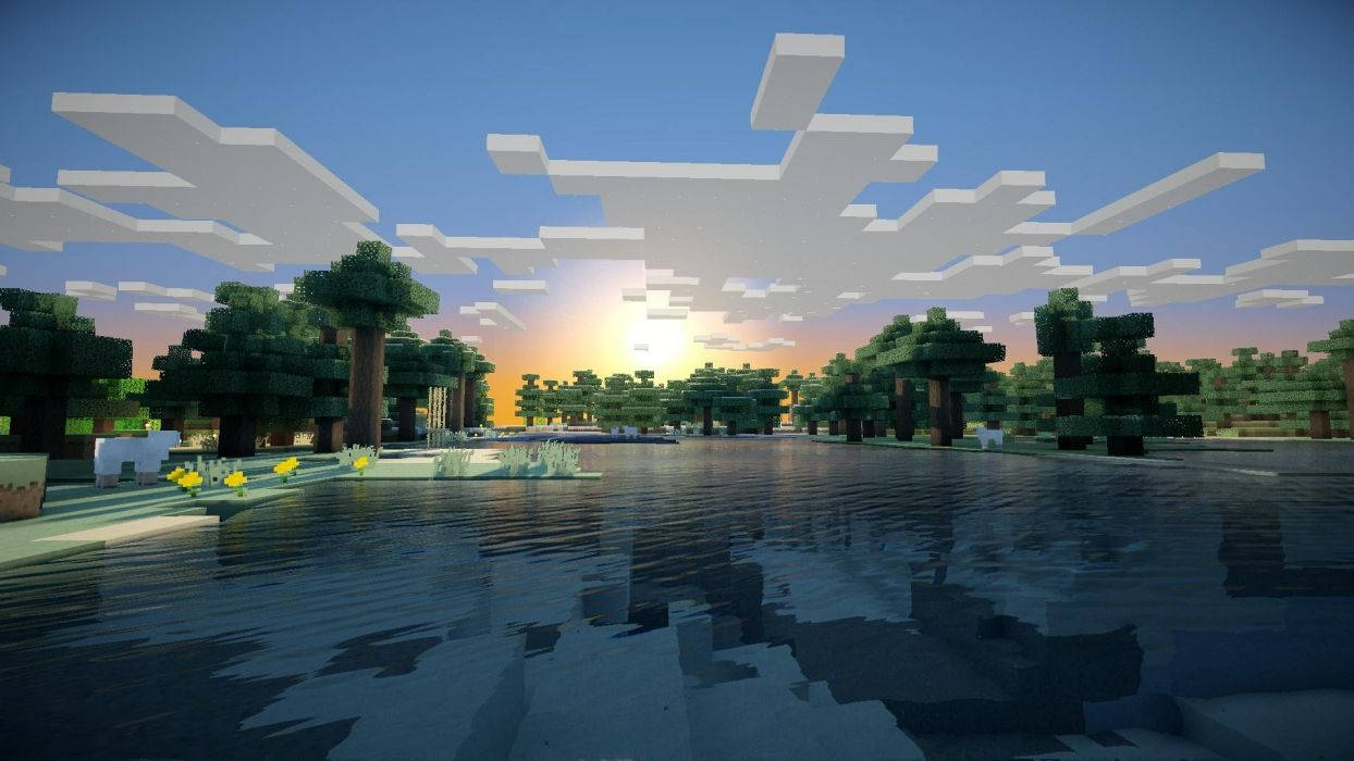 Magandang tanawin ng maulap na pagsikat ng araw sa Minecraft Wallpaper