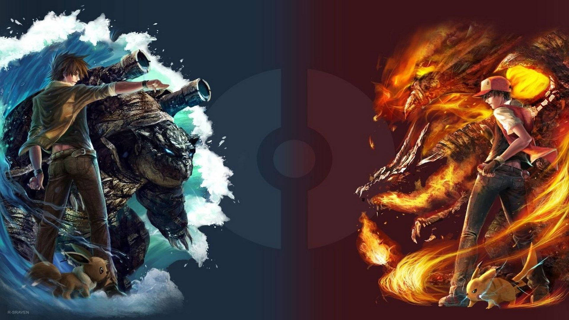 Magkalaban na Pokemon na naglalaban sa gitna ng mga bituin Wallpaper