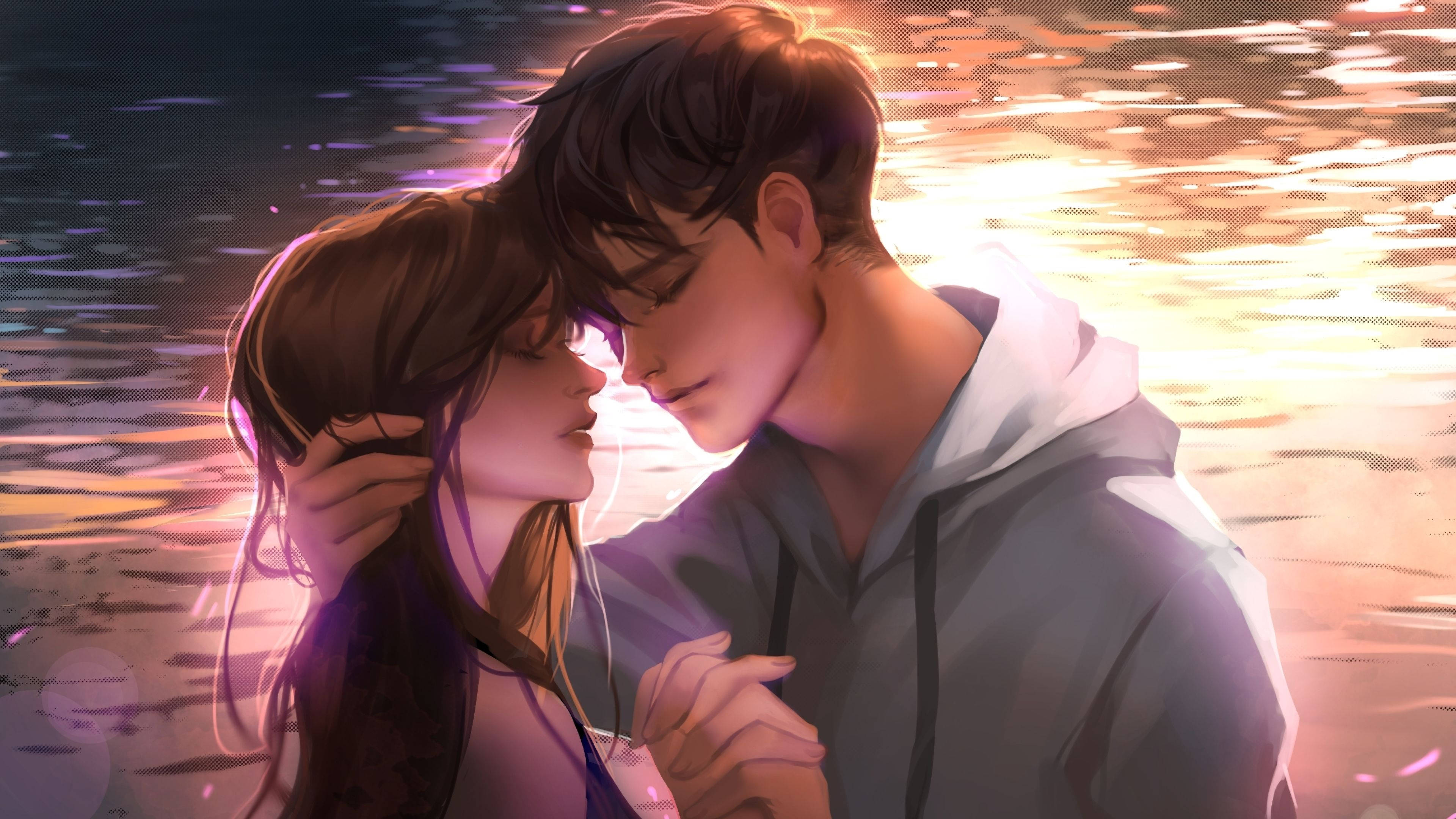 Magkasintahan na Anime na Nagyakap na Matatanda Wallpaper