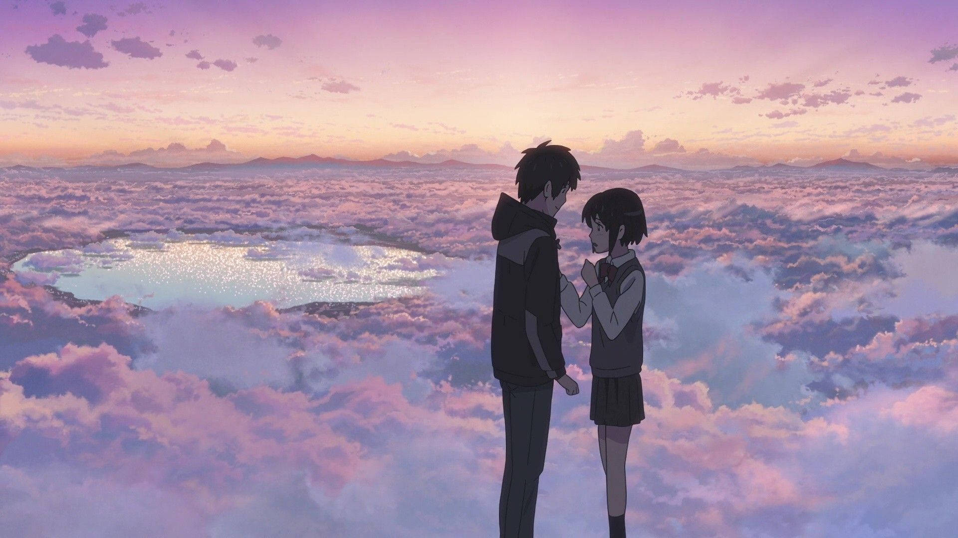 Magkasintahang Anime sa Ulap Aesthetic ng Pag-ibig Wallpaper