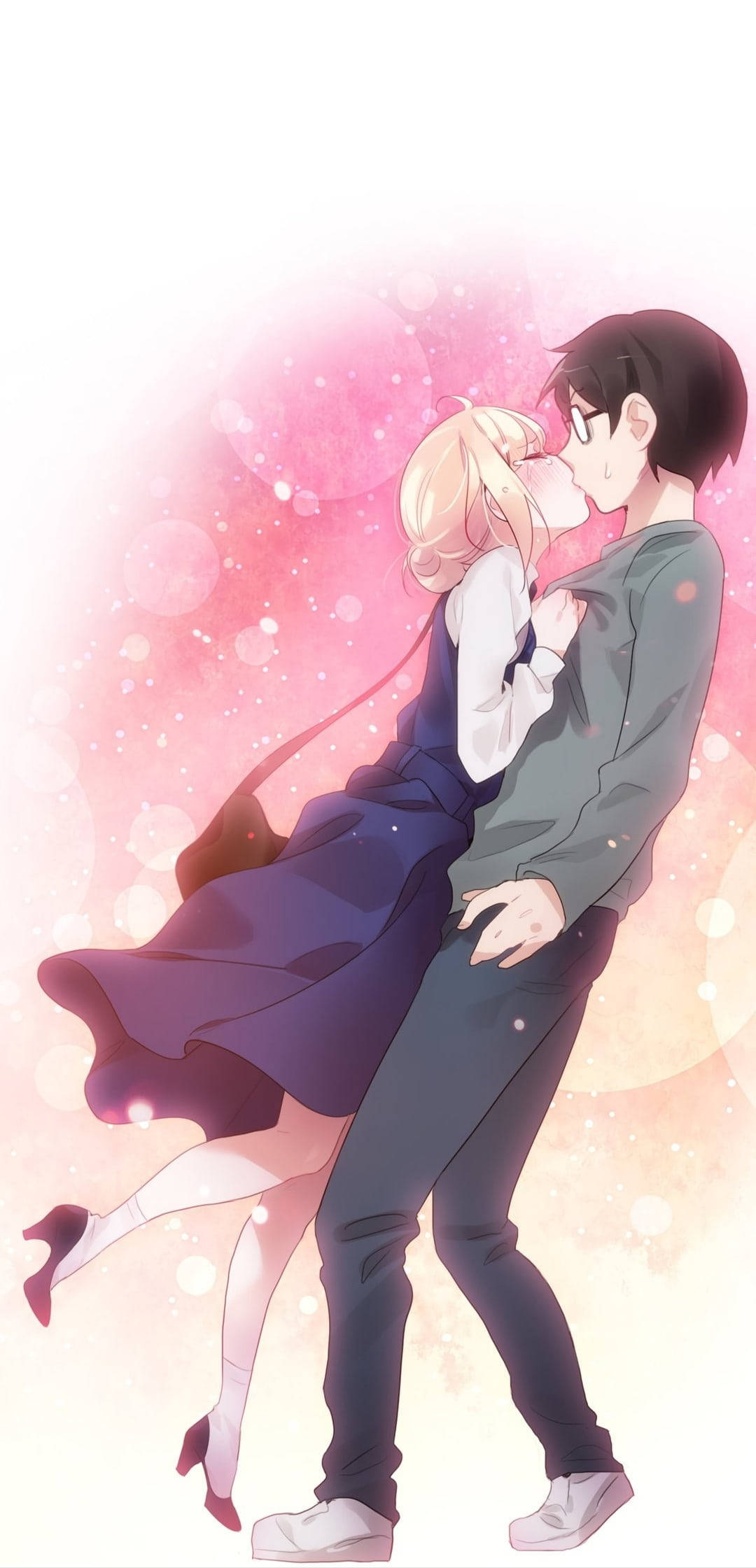 Magkasintahang Anime na Sina Kosei at Kaori na Naghahalikan Wallpaper