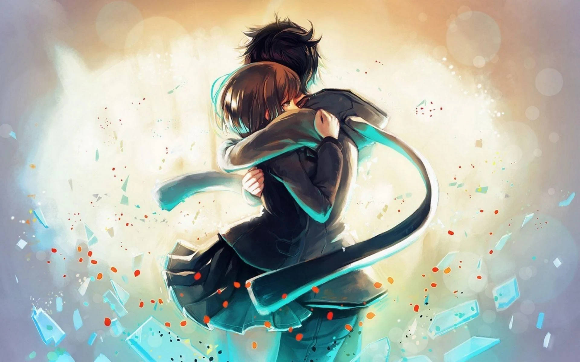 Magkasintahang Naka-asul na Anime na Naghahalikan Wallpaper