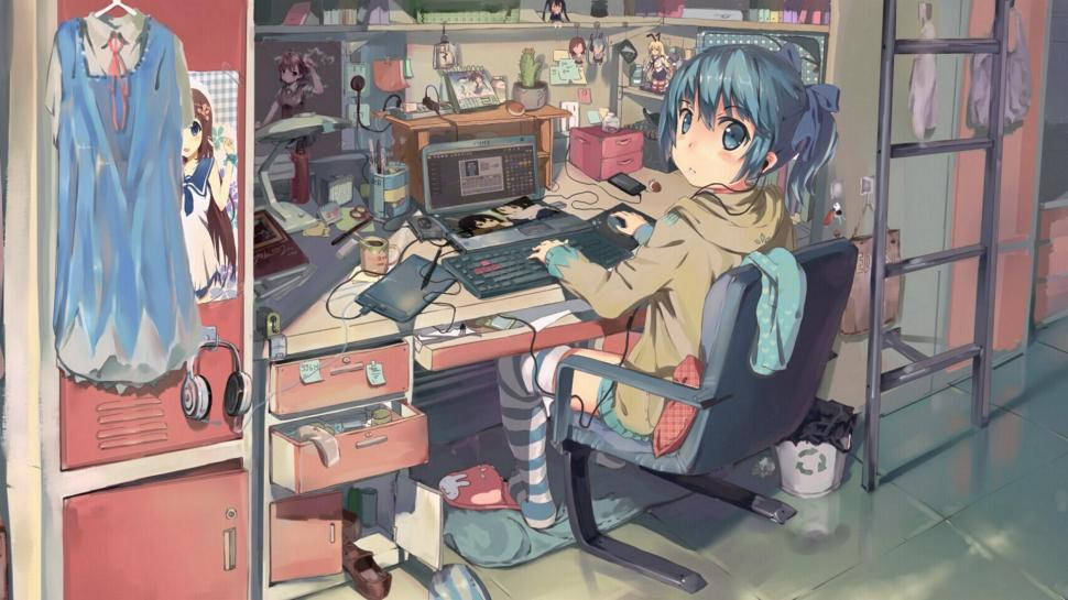 Magulo-gulong Setup ng Laptop sa Anime Wallpaper