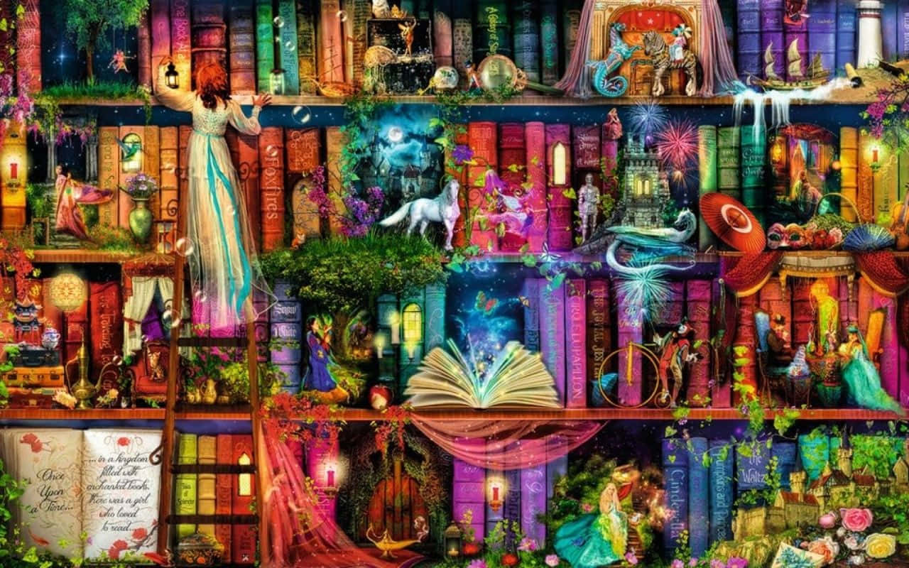 Mahiwagang Bookshelf na Background ng Aklatan Wallpaper