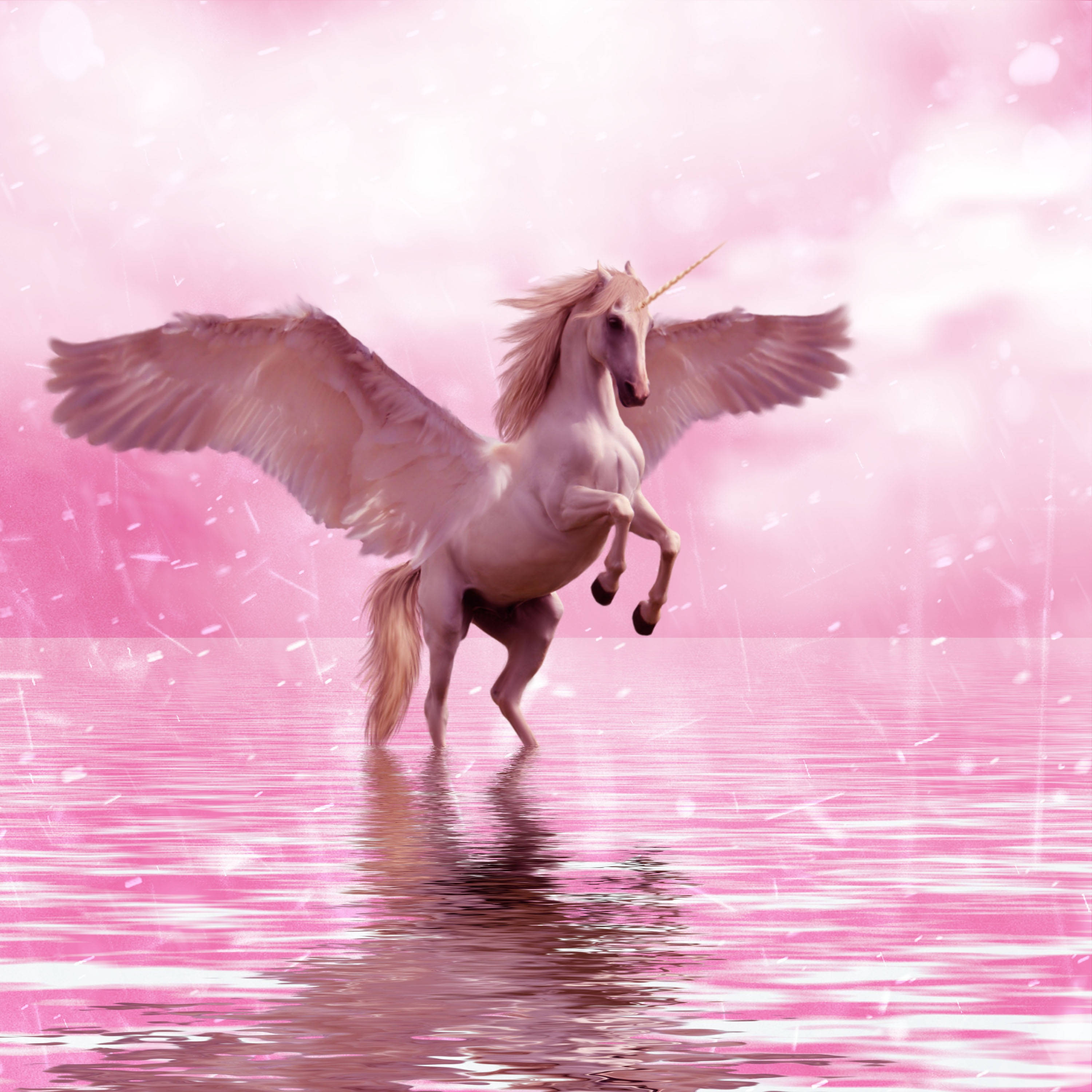 Mahiwagang, maringal na unicorn na lumalangoy sa isang kulay rosas na ilog. Wallpaper