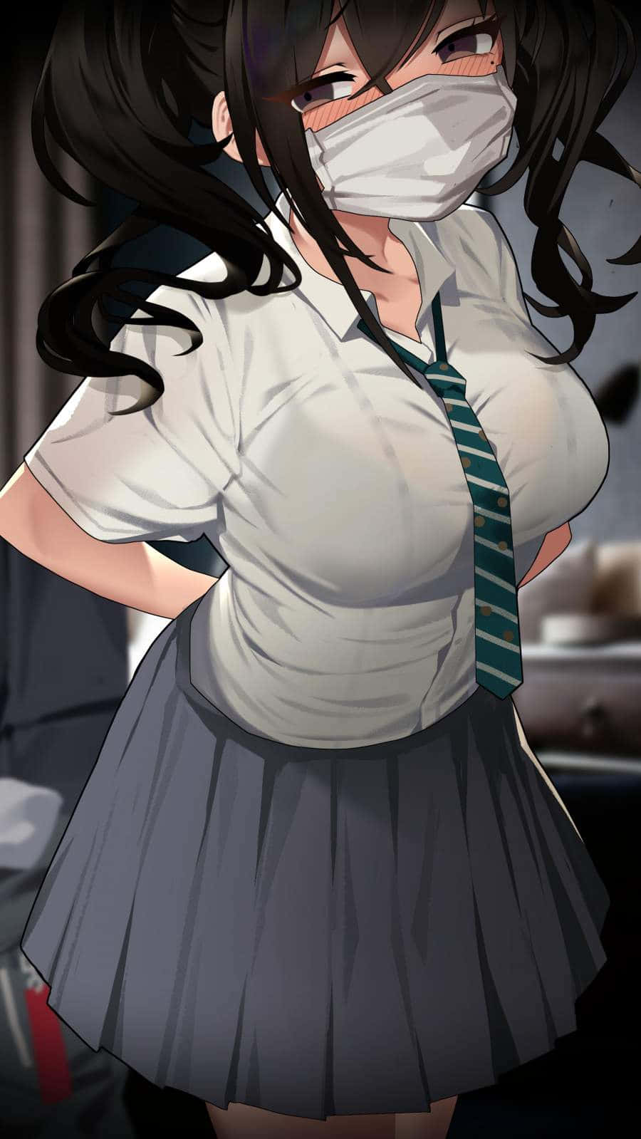 Mainit na Anime na Babaeng Nakasuot ng Uniporme at Maskara Wallpaper