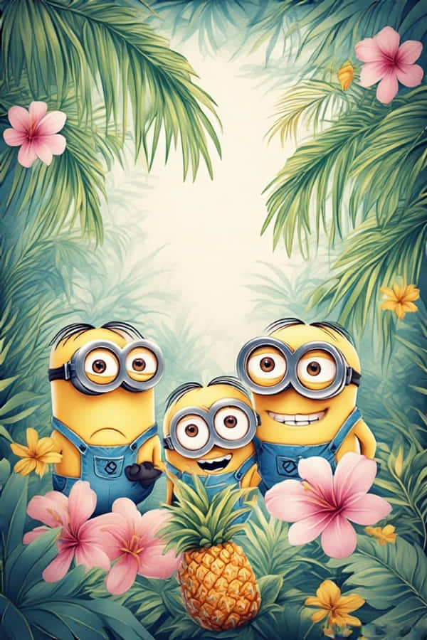 Makulay na 4K Minions sa Tropikal na Kagubatan Wallpaper