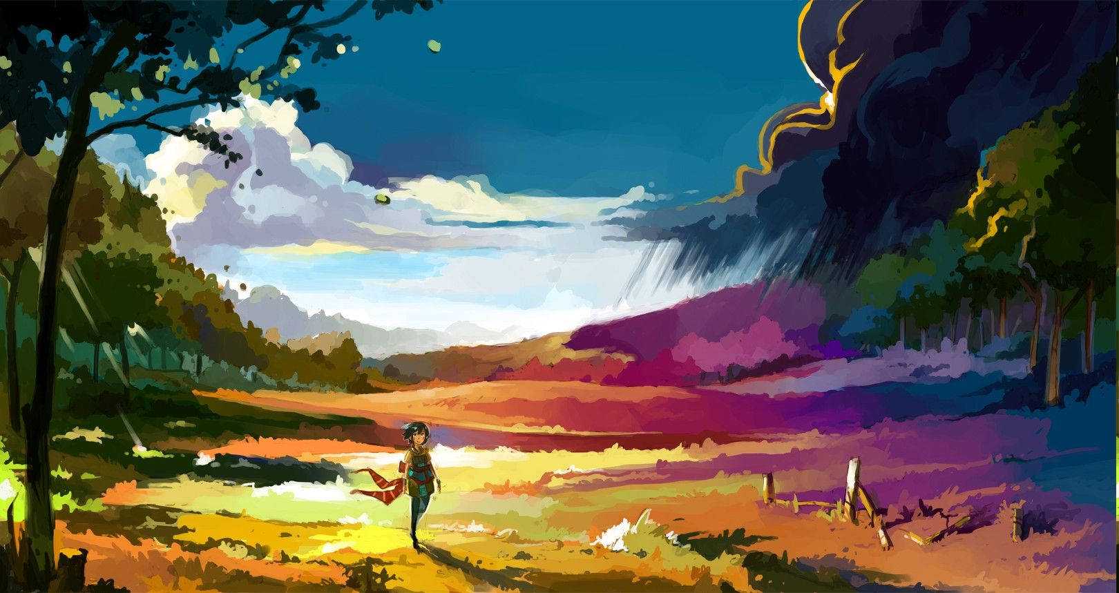 Makulay na Damuhan na Anime Landscape Wallpaper