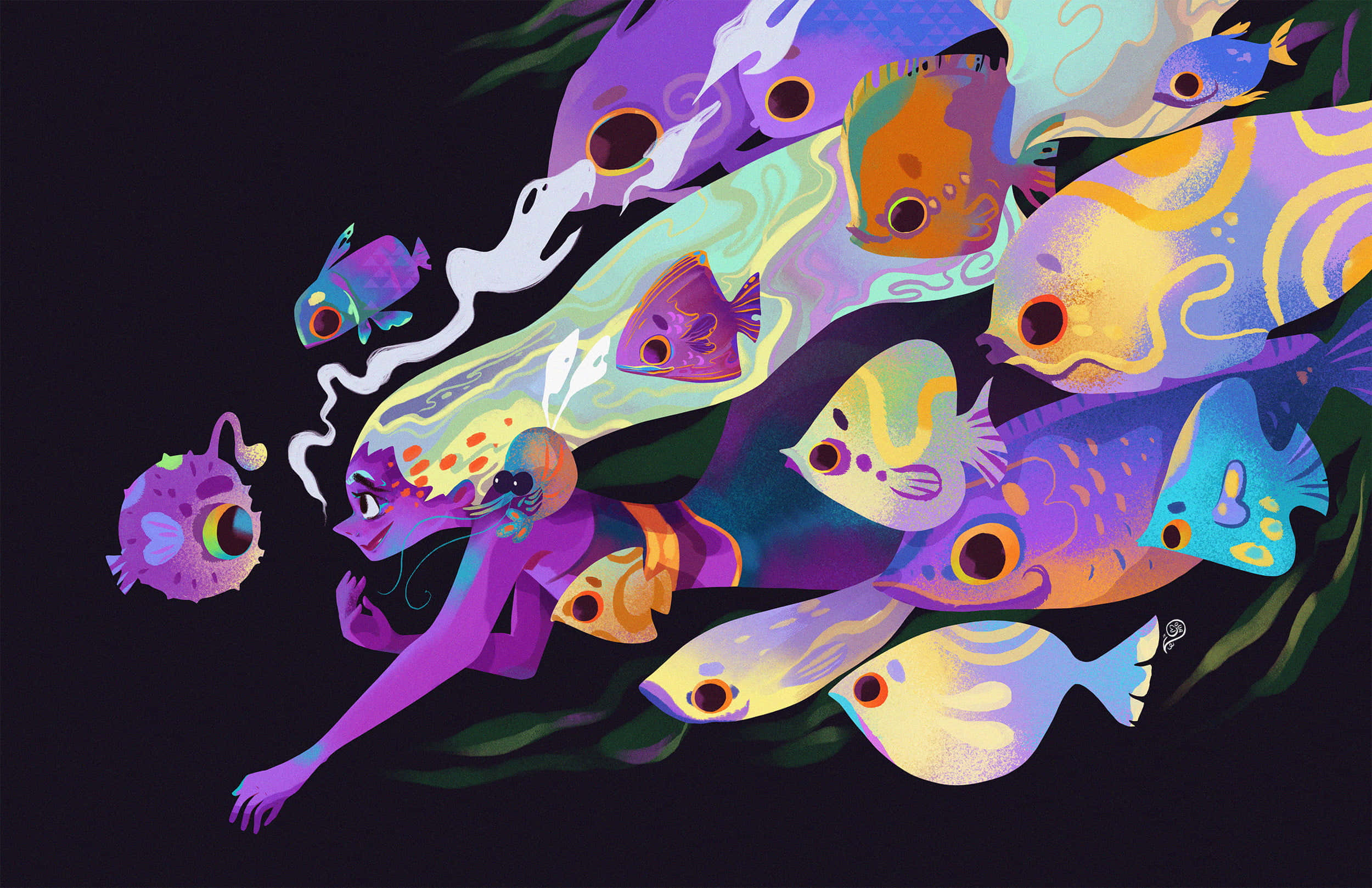 Makulay na Larawan ng Sirena na May Makukulay na Isda Wallpaper