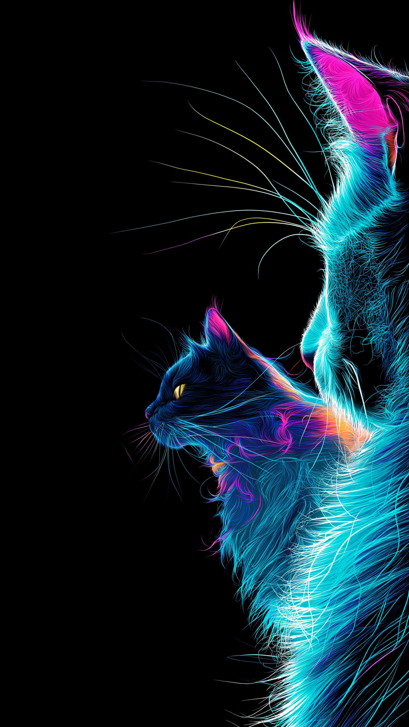 Makulay na neon na glow ng pusa laban sa madilim na canvas, na nagpapakita ng dalawang mistikong pusa Wallpaper