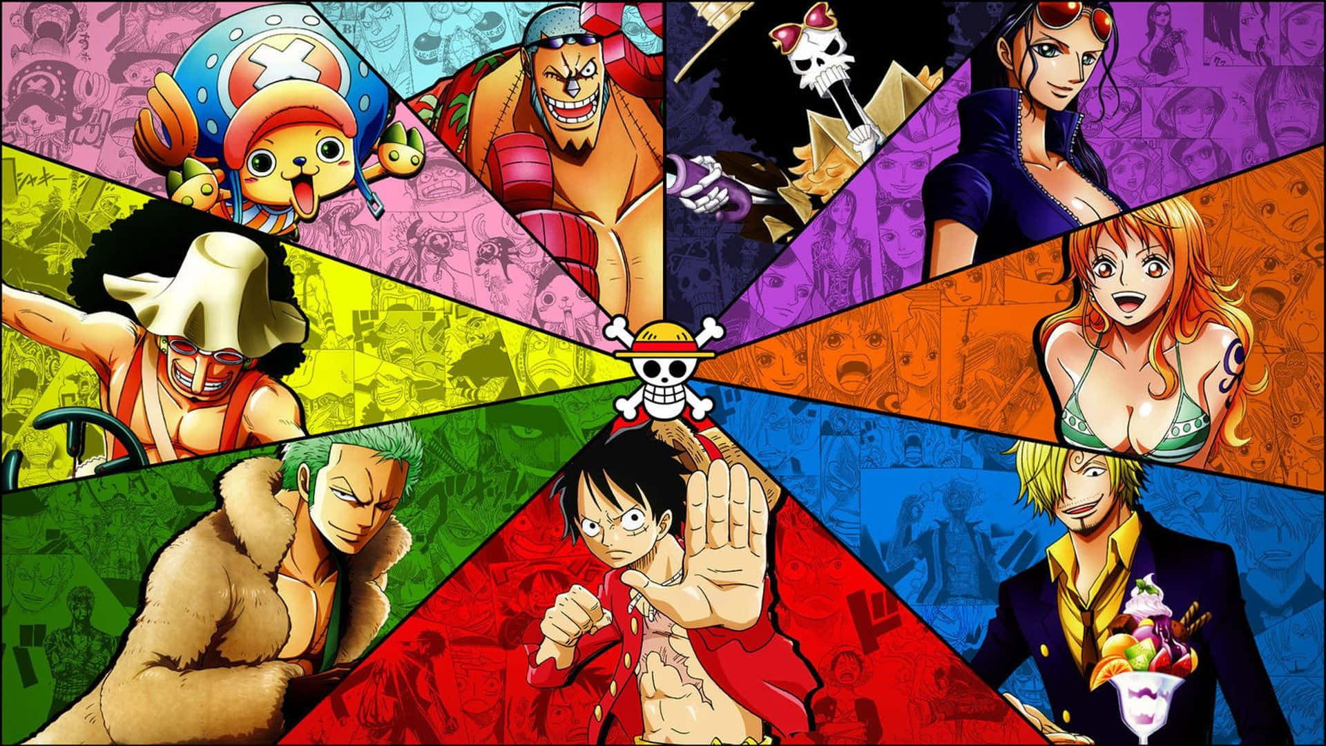 Makulay na Radial Collage ng Straw Hat Pirates Wallpaper