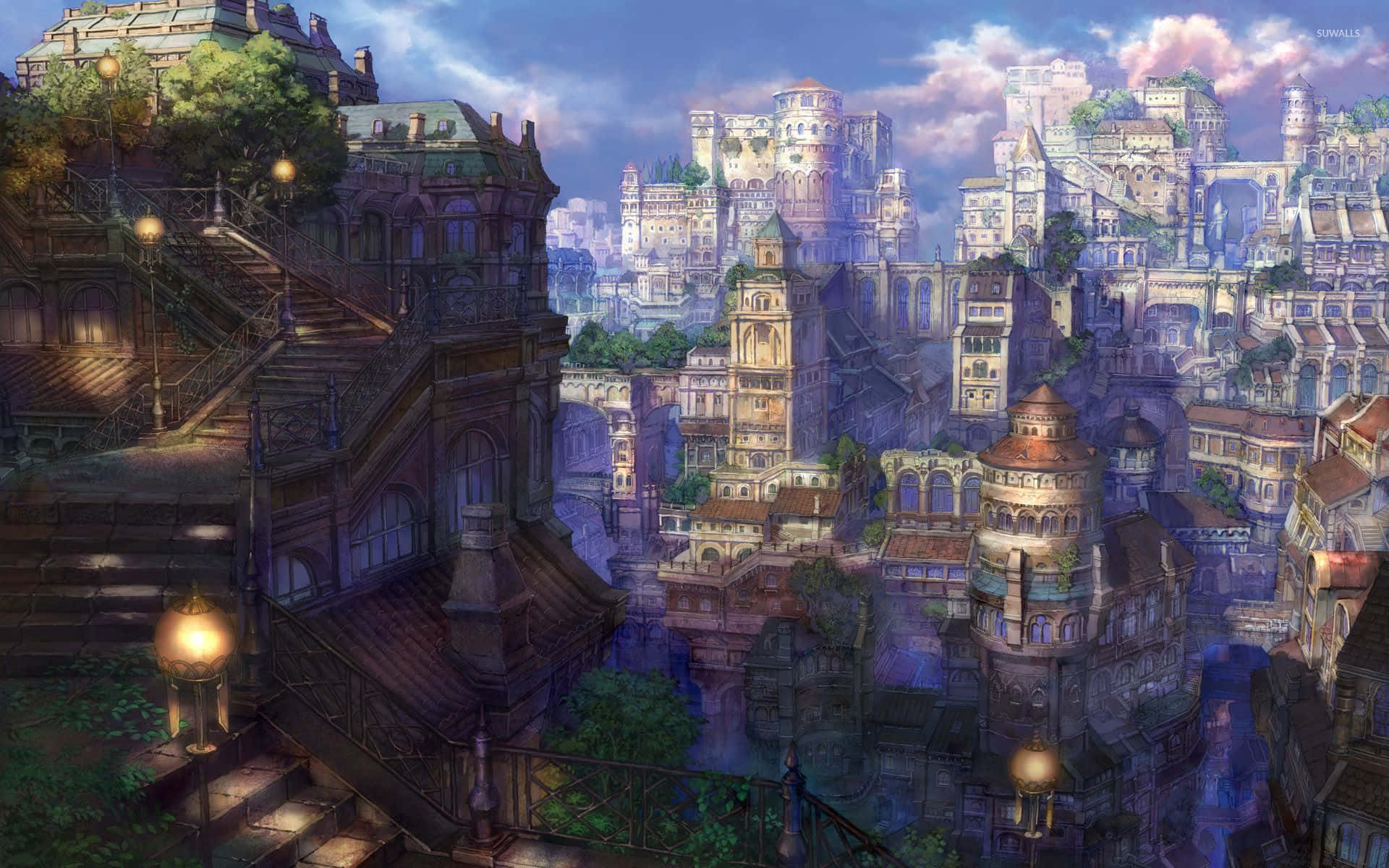 Makulay na Skyline ng Nakamamanghang Anime City Wallpaper