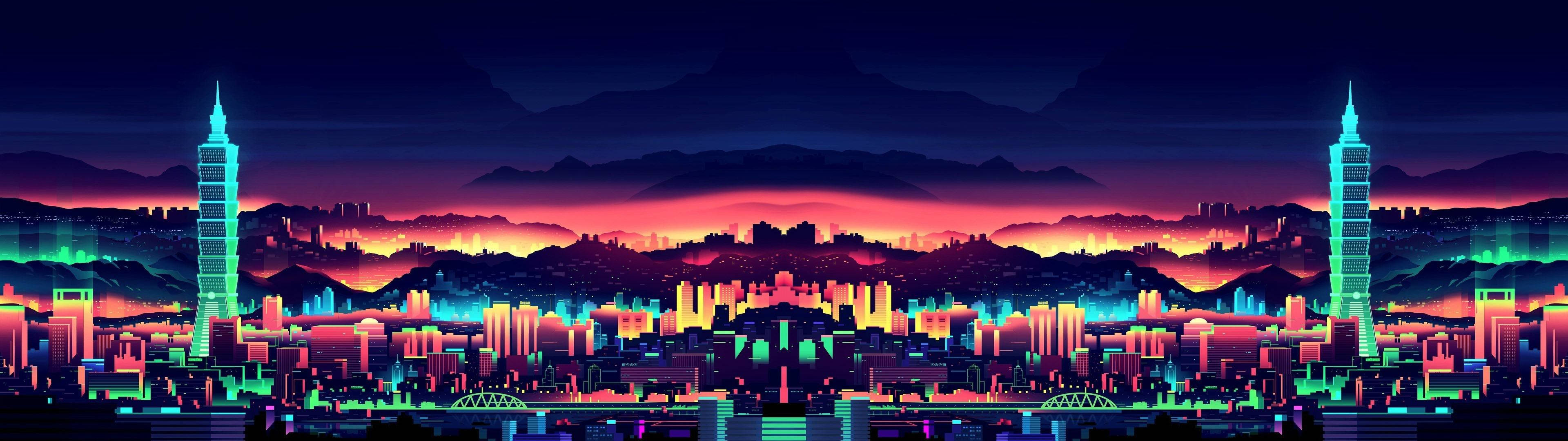 Makulay na Tanawin ng Lungsod sa Dalawang Monitor Wallpaper