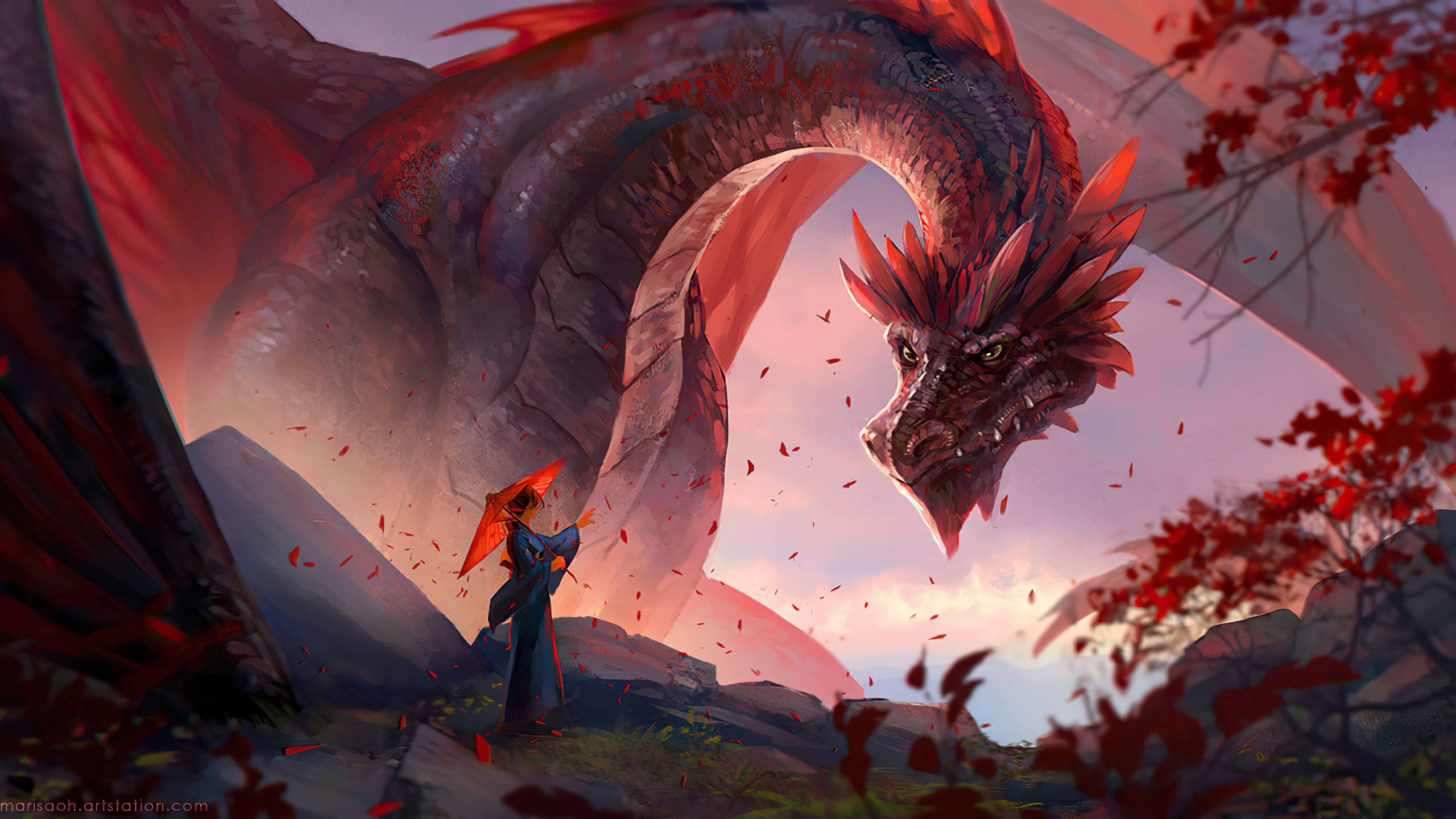 Malaking Pulang Dragon Kasama ang Babae Wallpaper