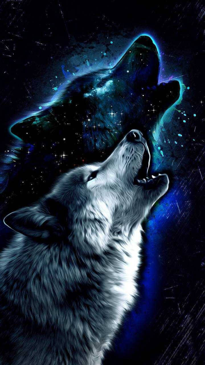 Malamig na Inky Galaxy na may Umaalulong na Lobo Wallpaper