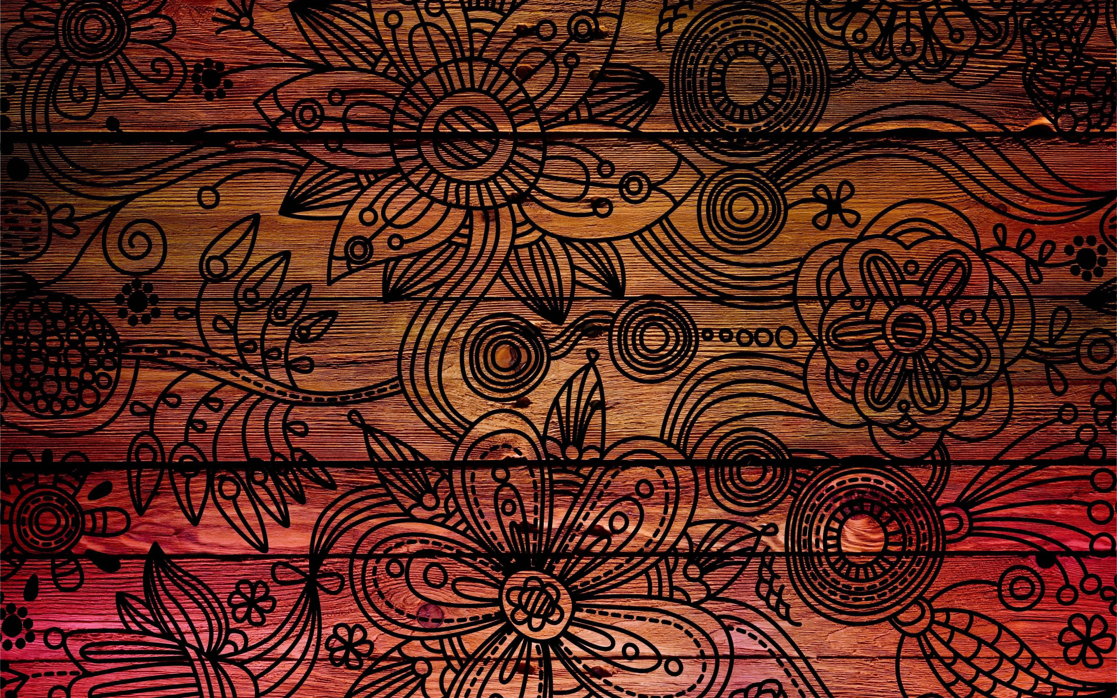 Malamig na Pattern na Bulaklak sa Kahoy Wallpaper