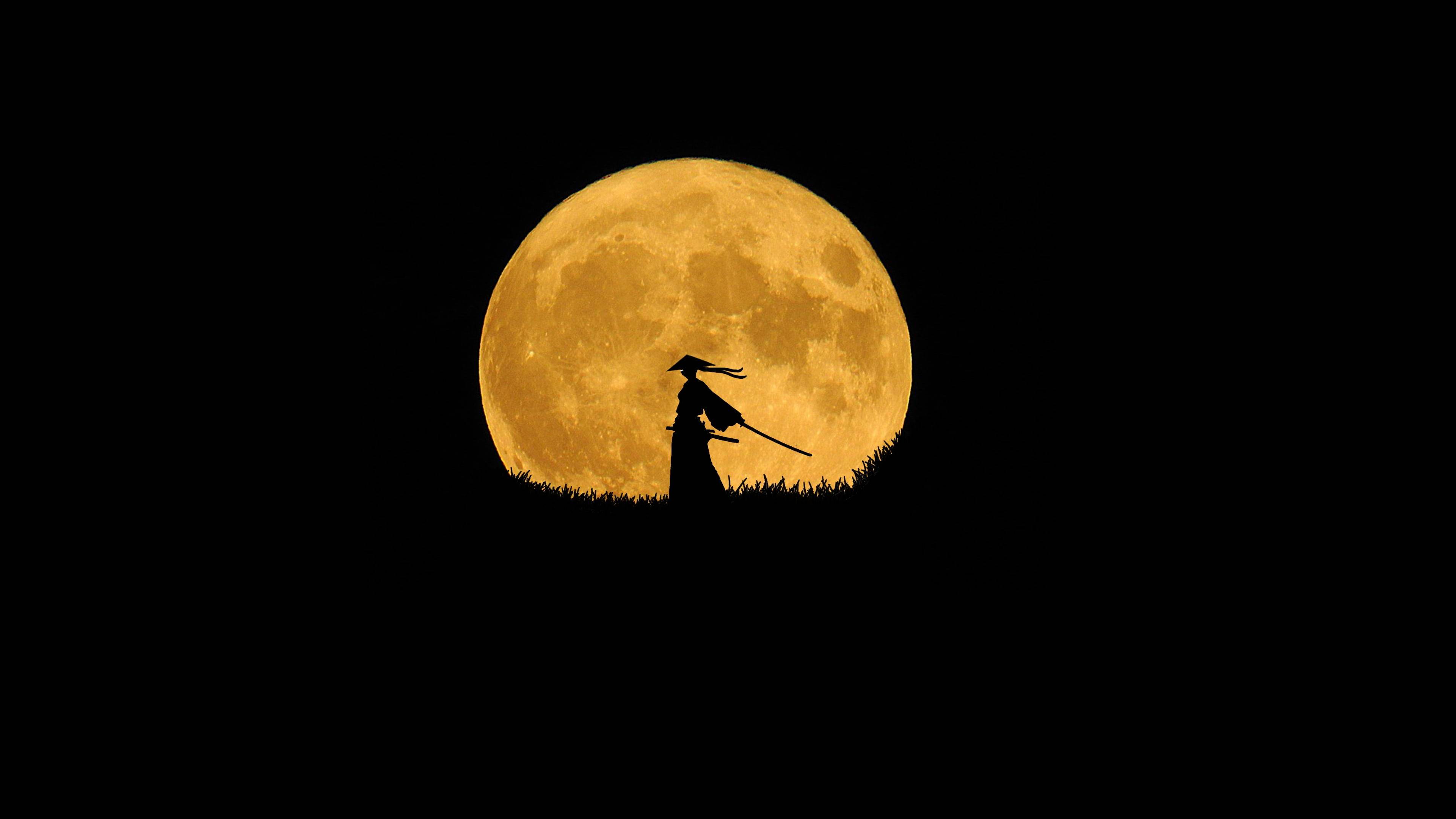 Malamig na Samurai Hapon at Kabilugan ng Buwan Wallpaper