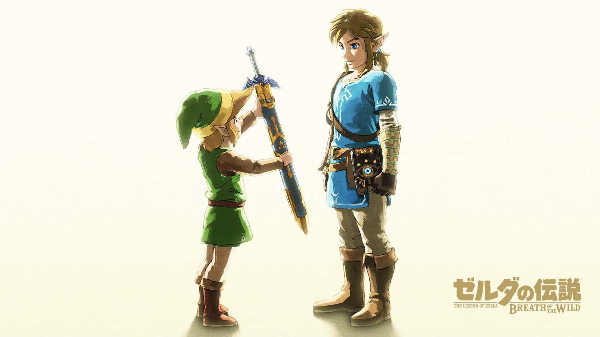 Maliit na Link na Nagbibigay ng Espada kay Malaking Link sa Zelda BOTW Wallpaper