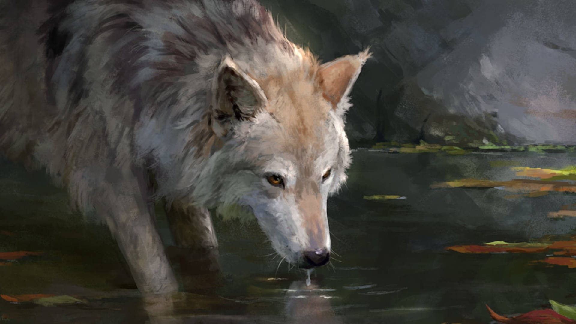 Malikhaing Ilustrasyon ng Lobo na Umiinom ng Tubig Wallpaper