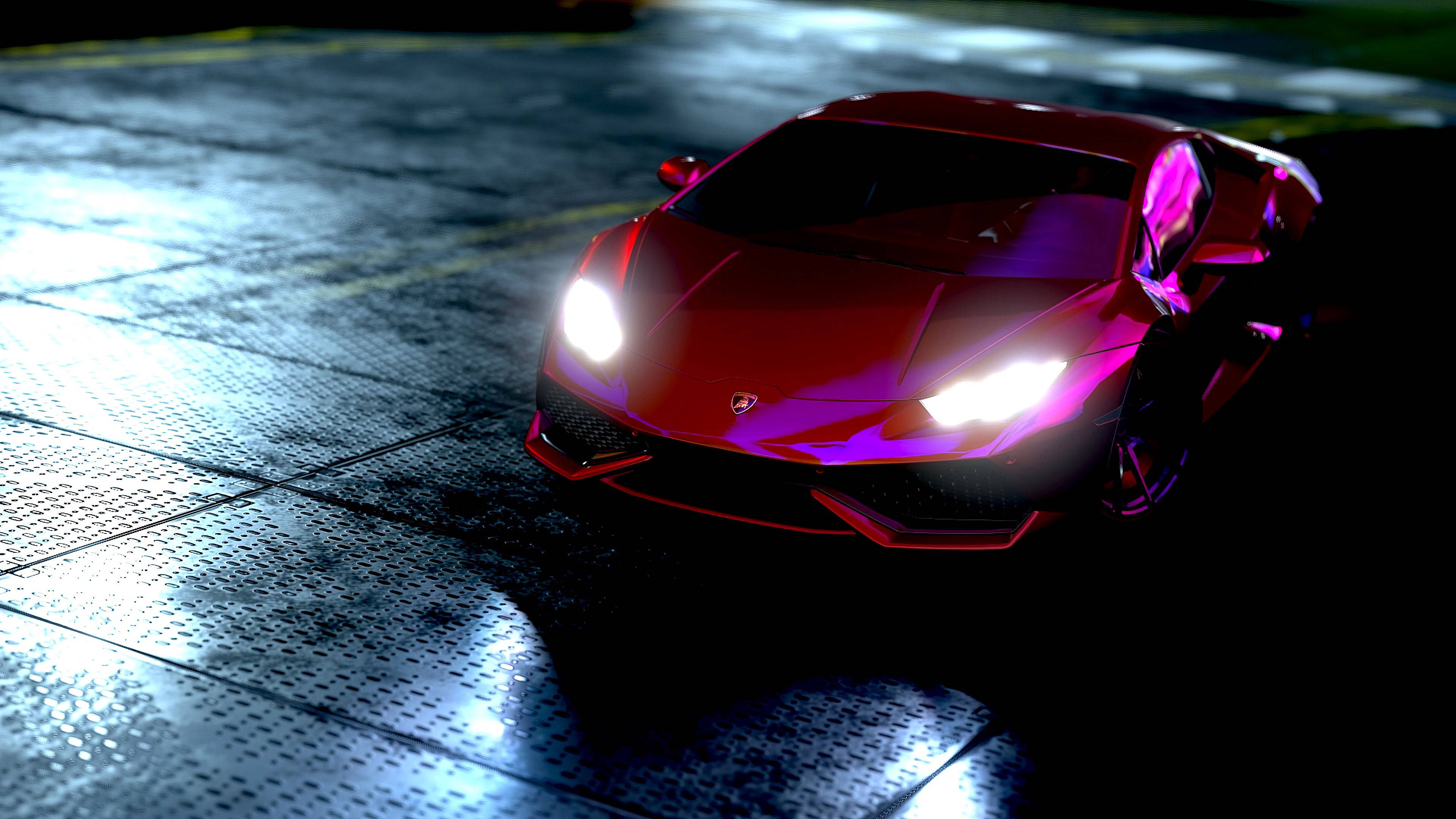 Maliwanag na Ilaw, Malaking Lungsod: Pulang Lamborghini Huracan na May Neon Glow Wallpaper
