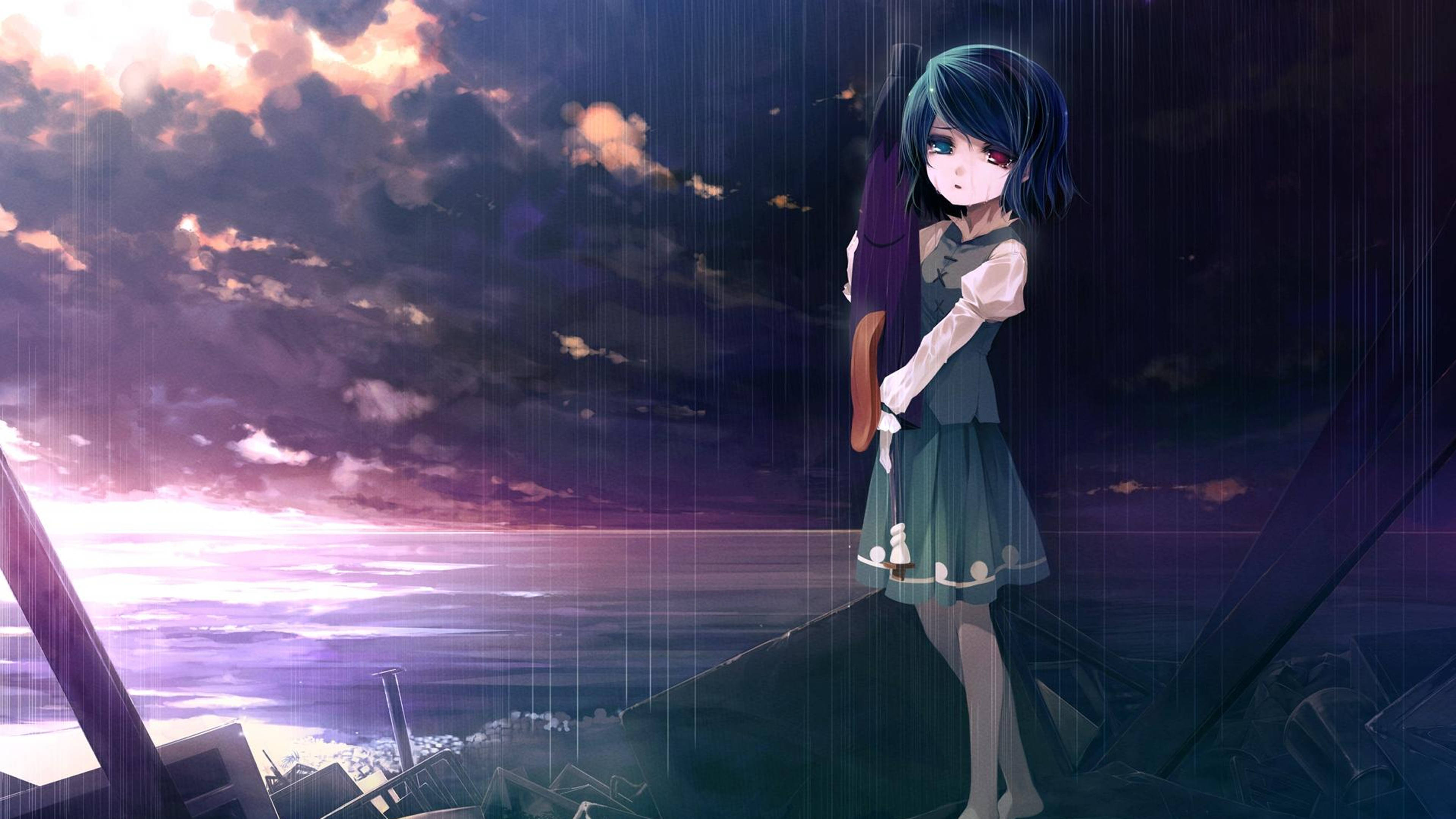 Malungkot na Anime na Babaeng Umiiyak na May Pulang Mata 4K Wallpaper