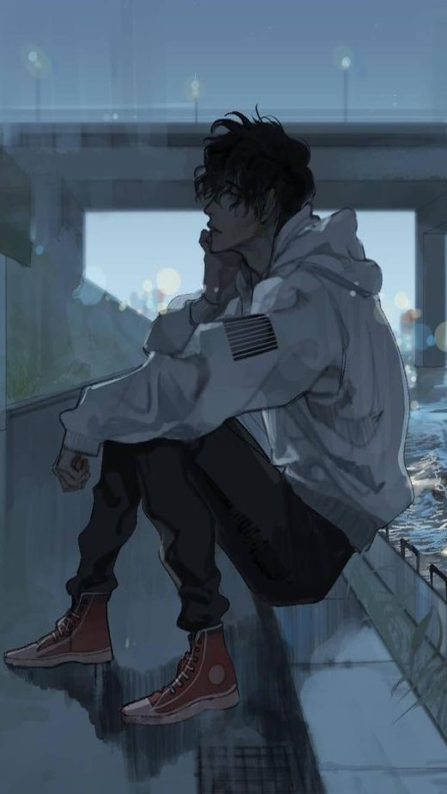 Malungkot na Anime na Puting Jacket Aesthetic Wallpaper