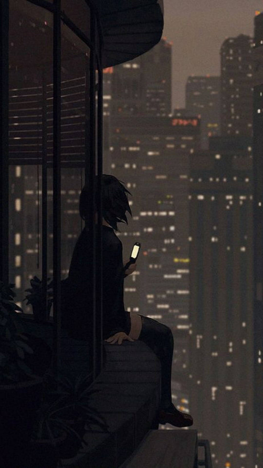 Malungkot na Anime City Lights Aesthetic Wallpaper