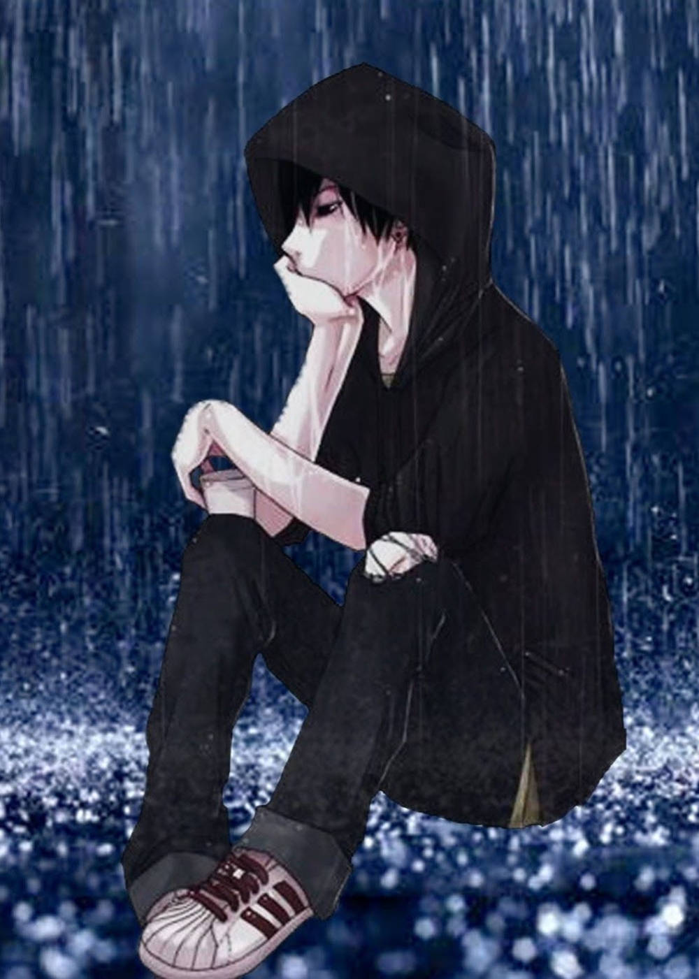 Malungkot na Anime na Lalaki na Naka-Black Hoodie Wallpaper