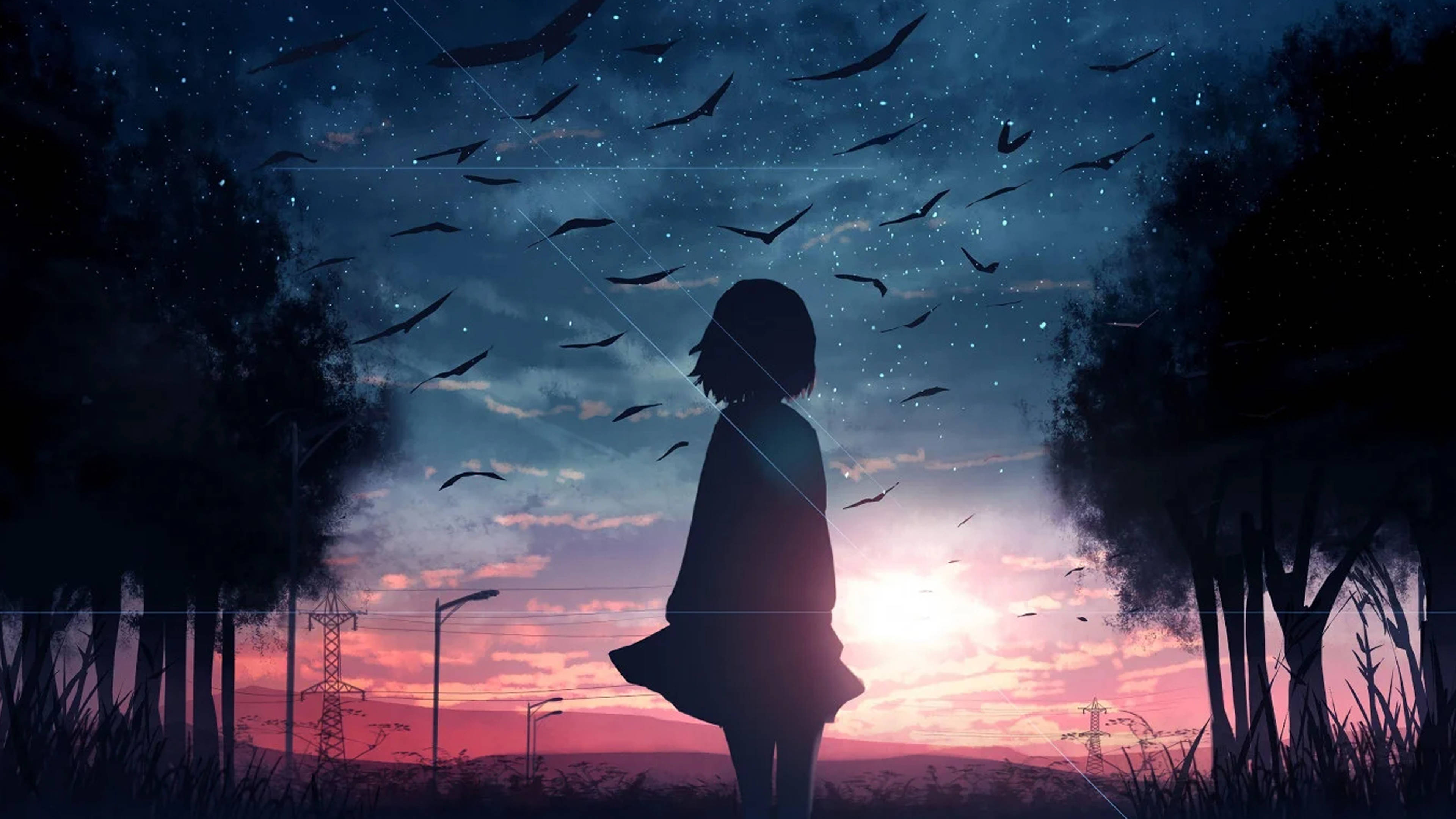 Malungkot na Anime na Babae na 4K na Nakatingin sa Langit Wallpaper