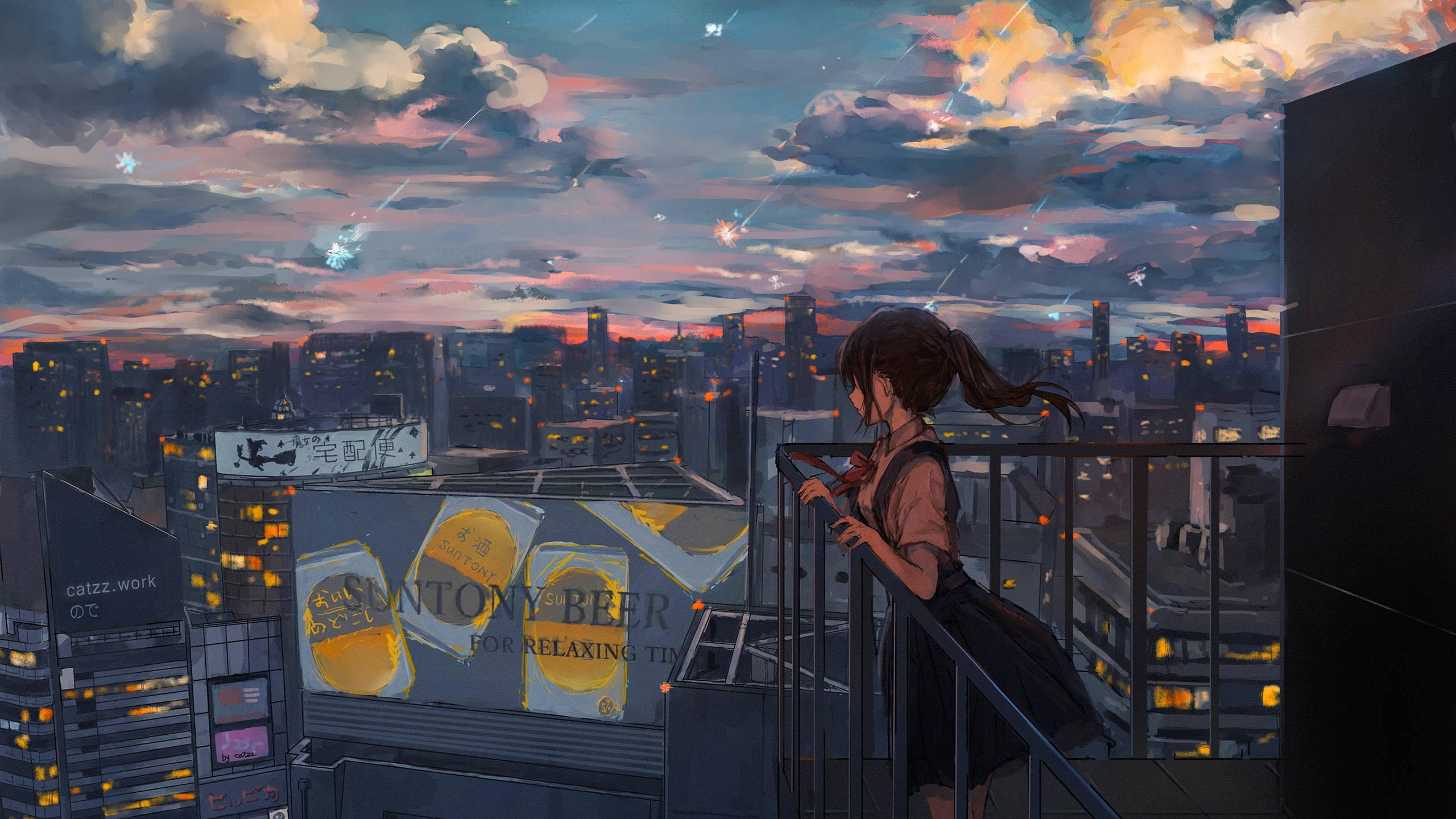 Malungkot na Anime na Babae sa Balkonahe Wallpaper