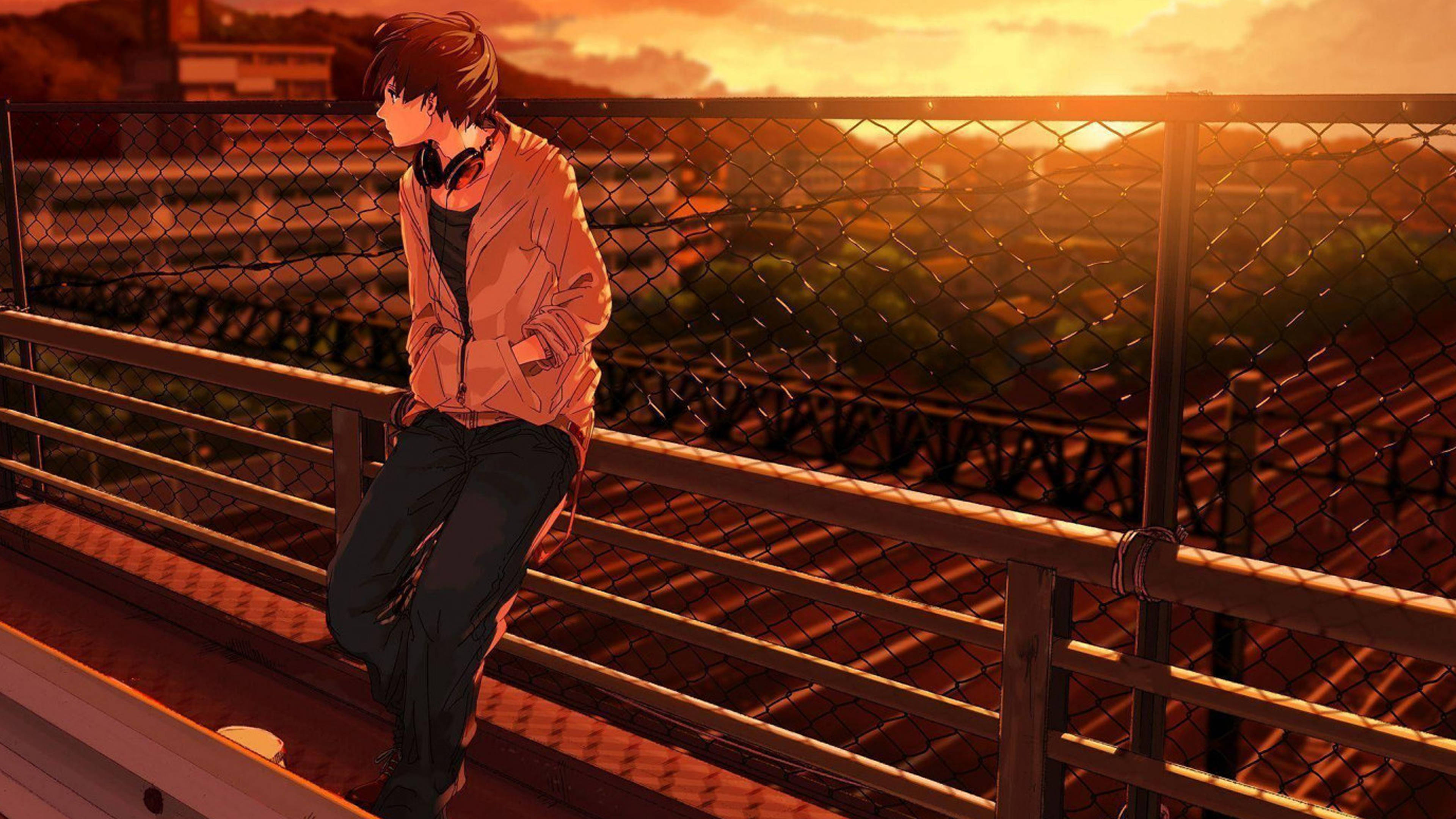 Malungkot na Anime na Batang May Headphone sa 4K Wallpaper