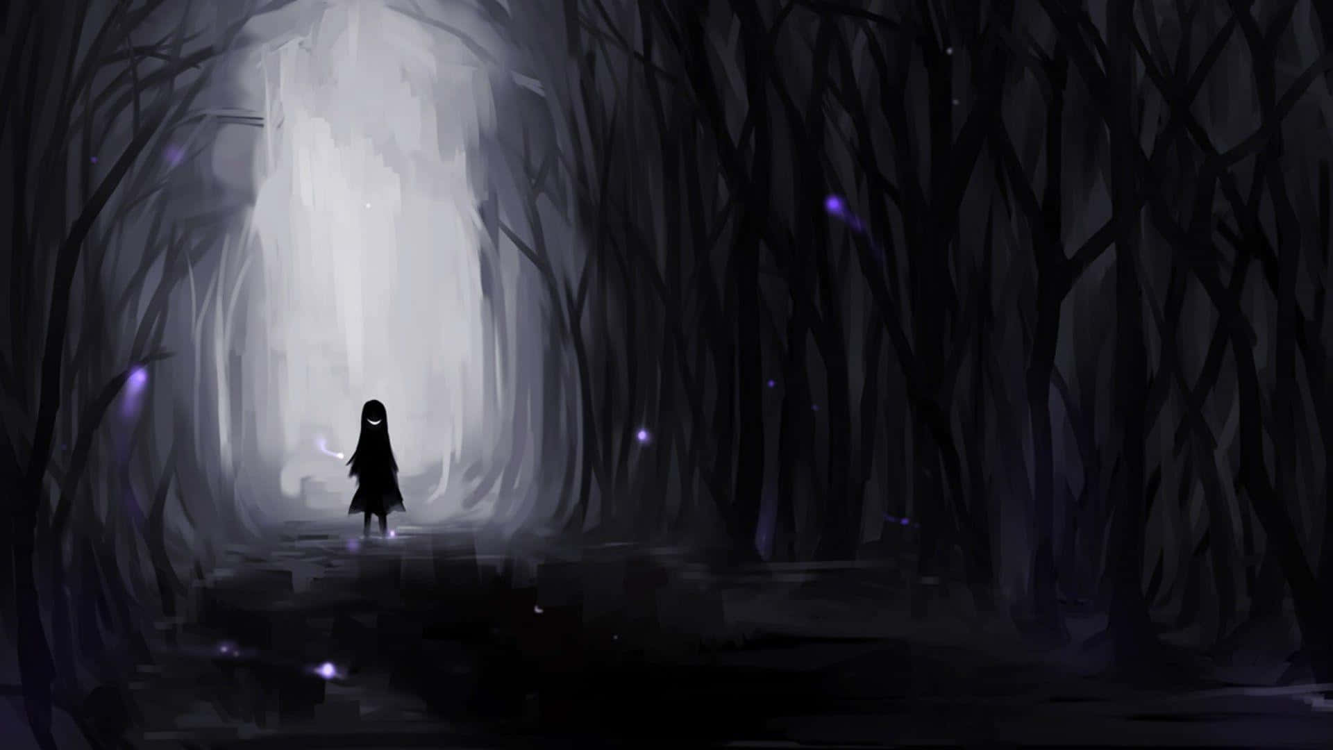 Malungkot na Anime na Silweta ng Babae sa Madilim na Kagubatan Wallpaper