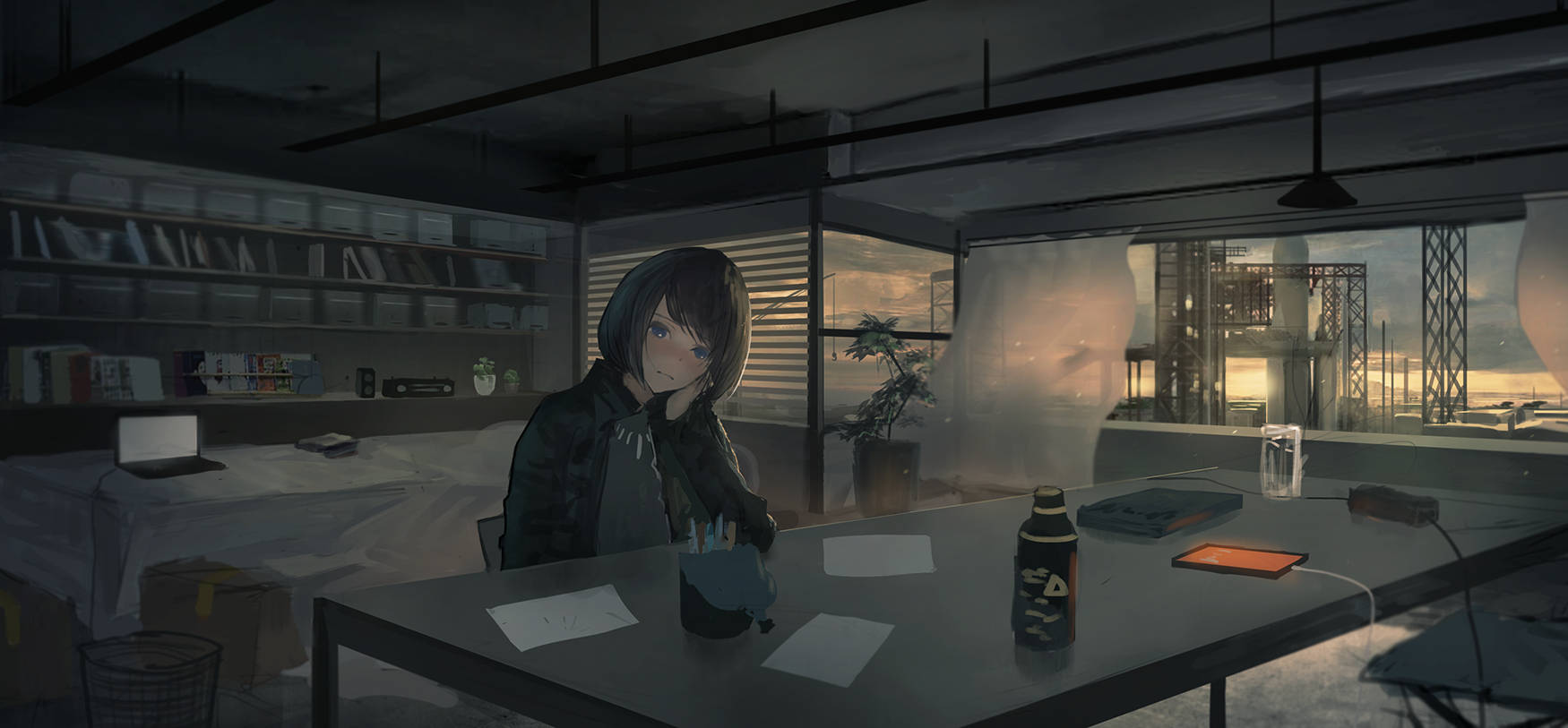 Malungkot na Babaeng Anime na Nakaupo sa Laptop Table Wallpaper