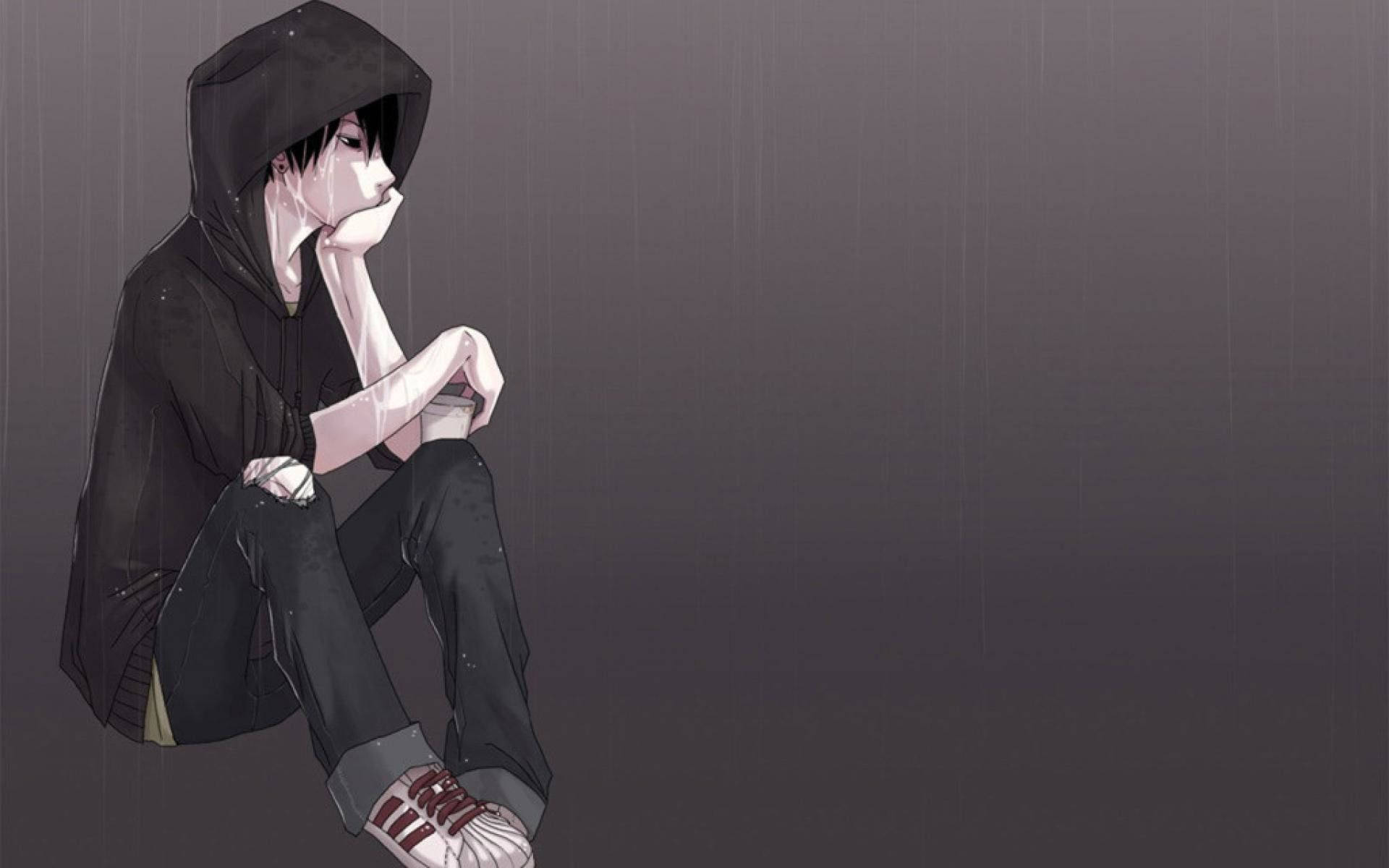 Malungkot na batang anime na naka-black hoodie Wallpaper