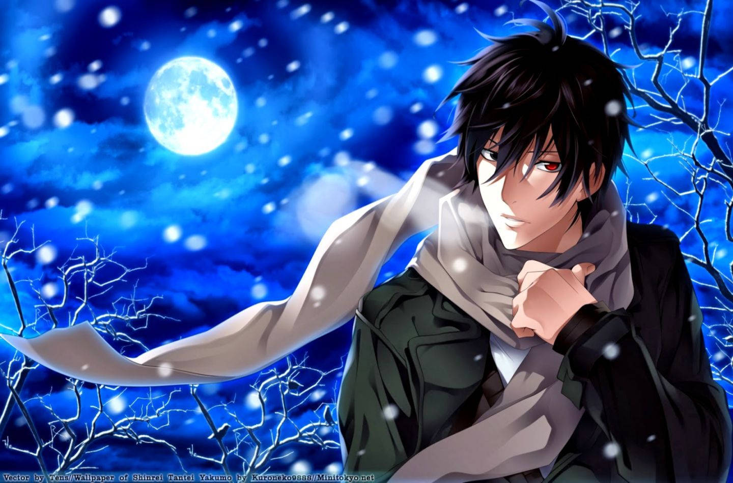 Malungkot na gabi ng taglamig na may niyebe at isang mapanglaw na Anime Boy Wallpaper