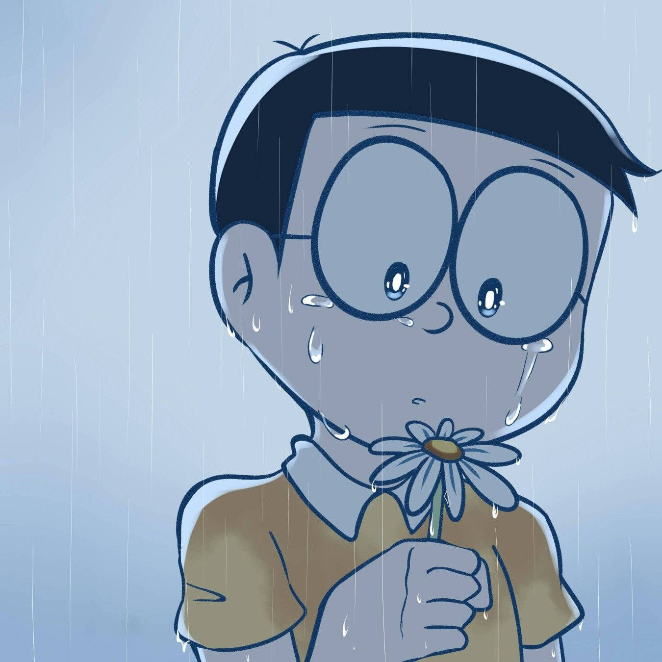 Malungkot na Nobita na May Hawak na Bulaklak na Doraemon Wallpaper